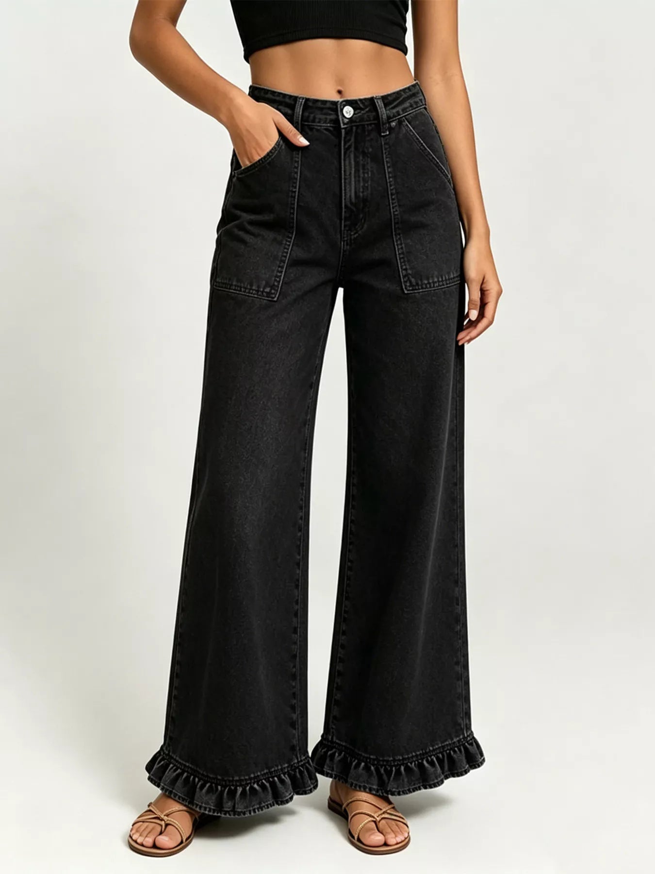 High-Waisted Wide-Leg Ruffle Hem Jeans