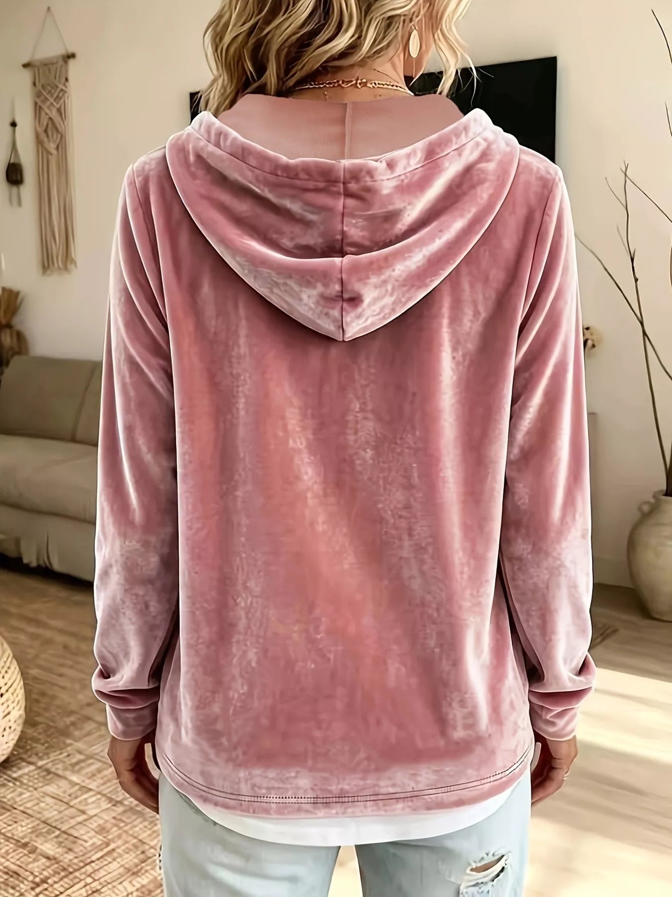 Full Size Drawstring Velvet Long Sleeve Hoodie Plus Size