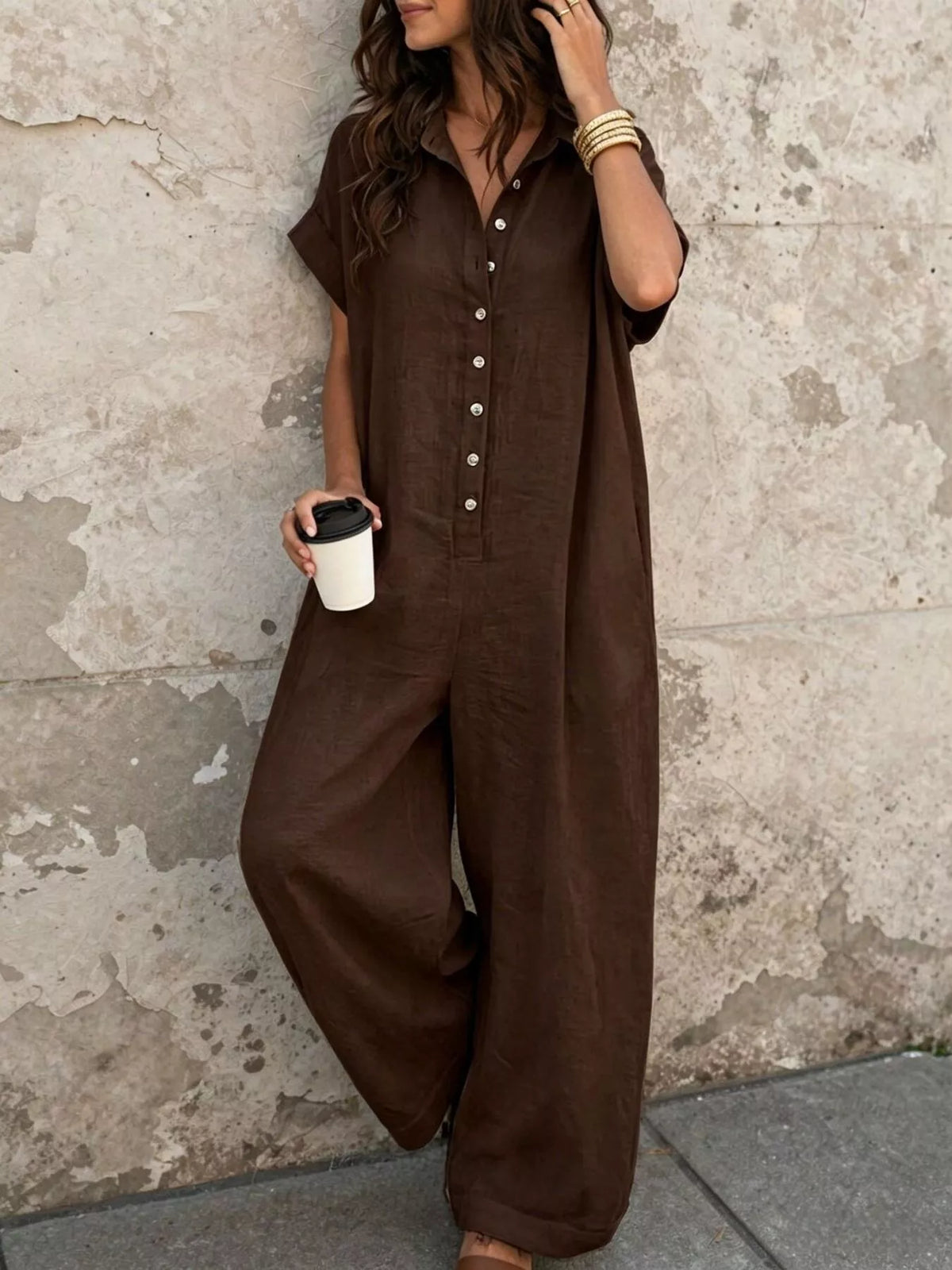 Button Front Short Sleeve Jumpsuit