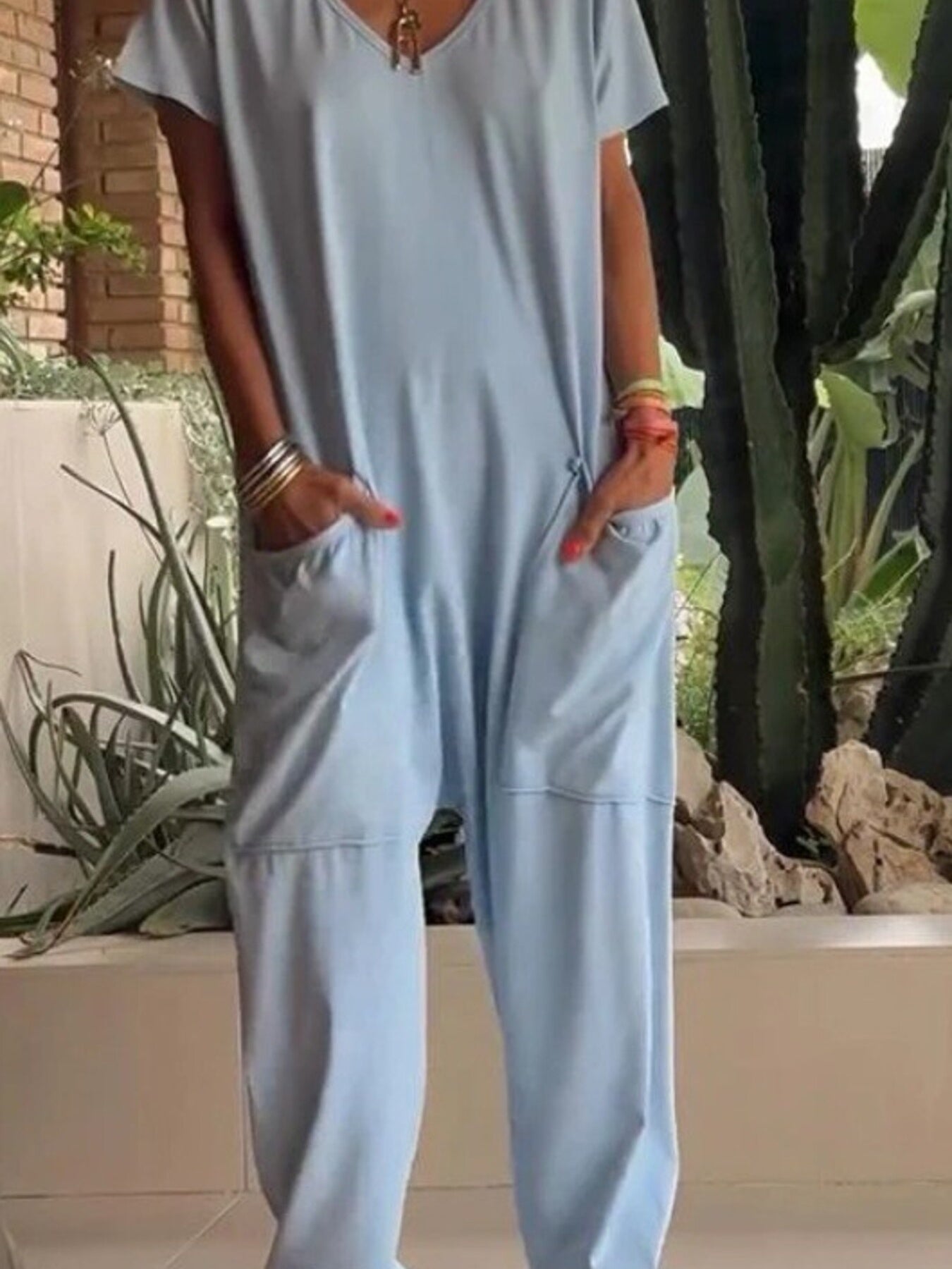 Full Size Loose Fit V-Neck Short Sleeve Wide Leg Jumpsuit Plus Size
