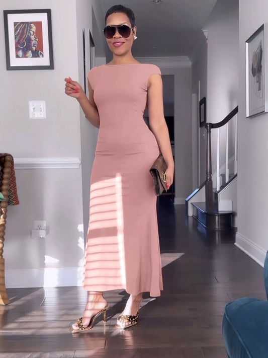 Backless Cap Sleeve Maxi Dress