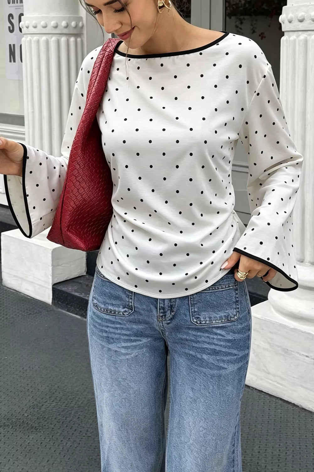 Polka Dot Flare Sleeve Blouse