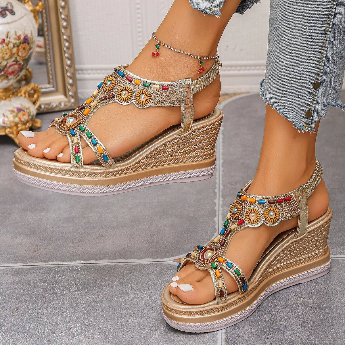 Beaded Open Toe Wedge Sandals