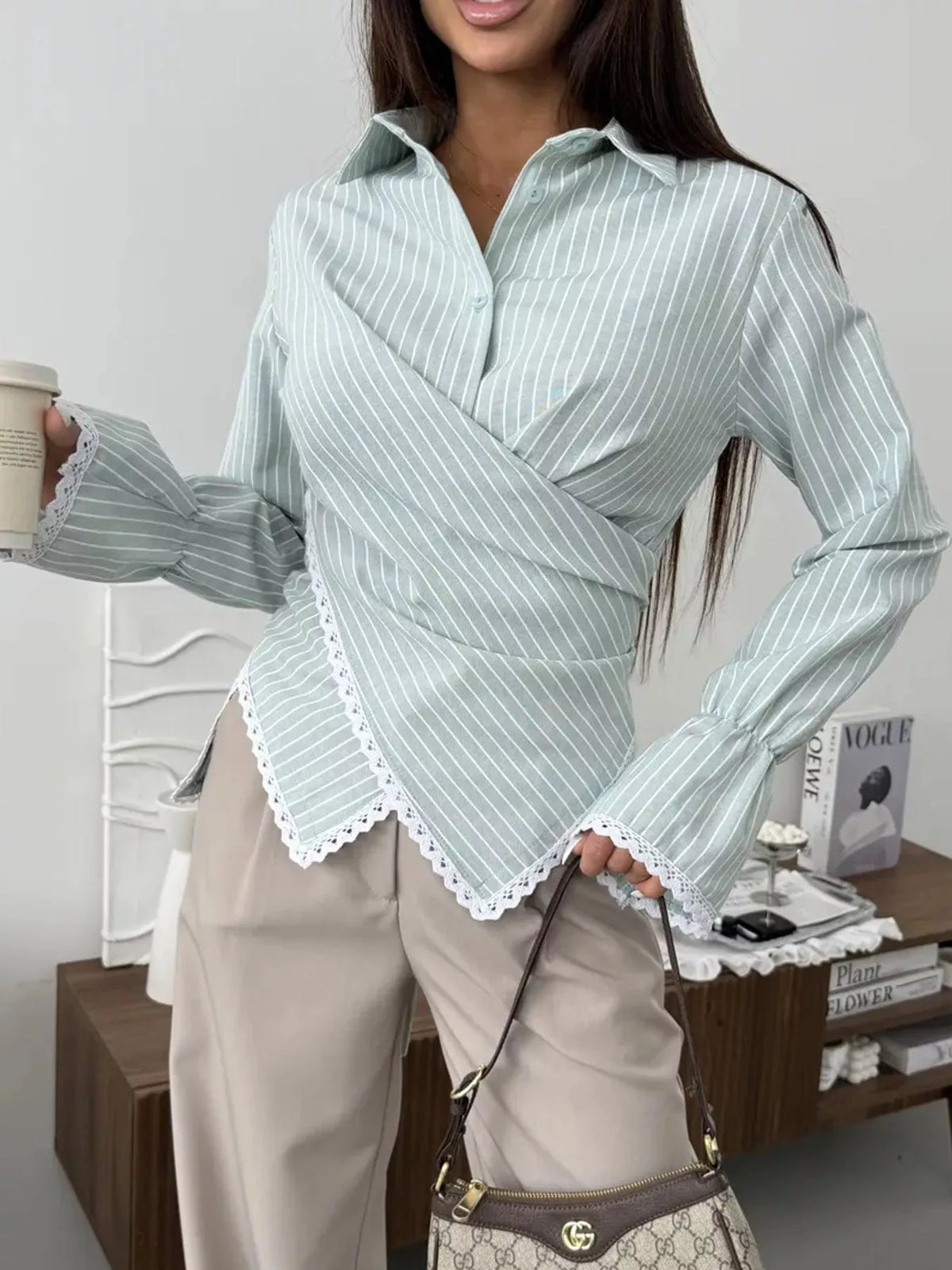 Lace Trim Long Sleeves Striped Shirt