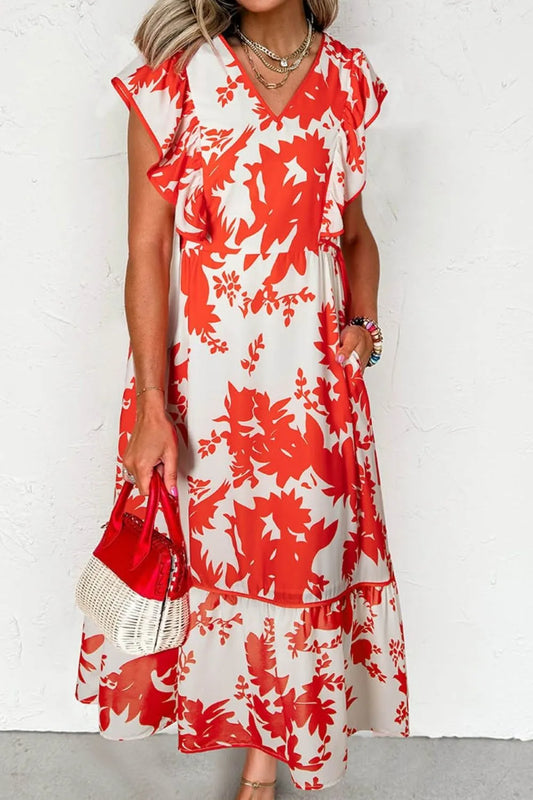 Floral V-Neck Summer Midi Dress
