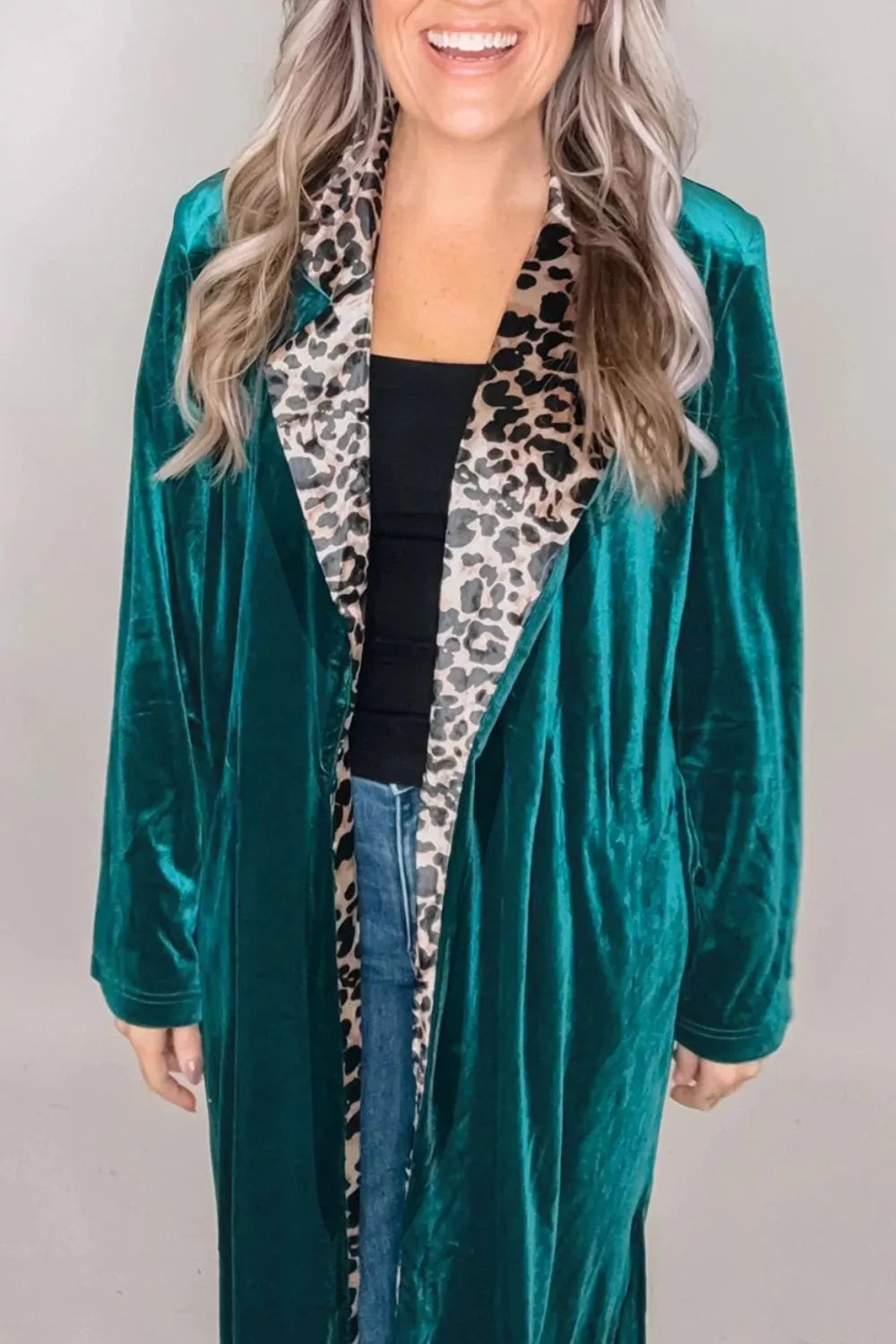 Velvet Contrast Leopard Print Lapel Collar Open Front Cardigan