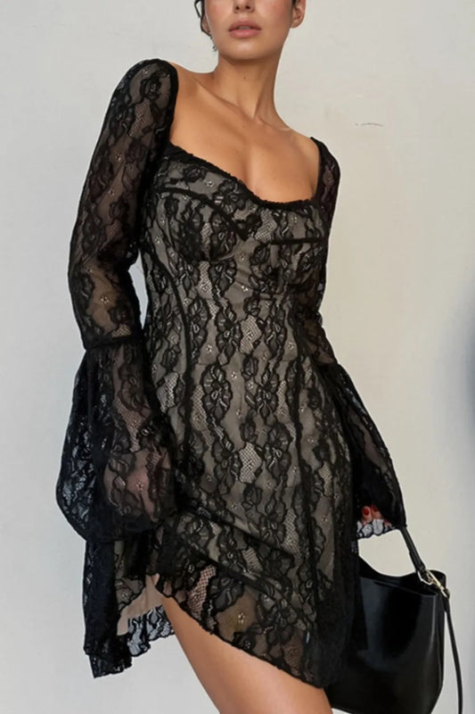 Lace Sweetheart Neck Flare Sleeve Mini Dress