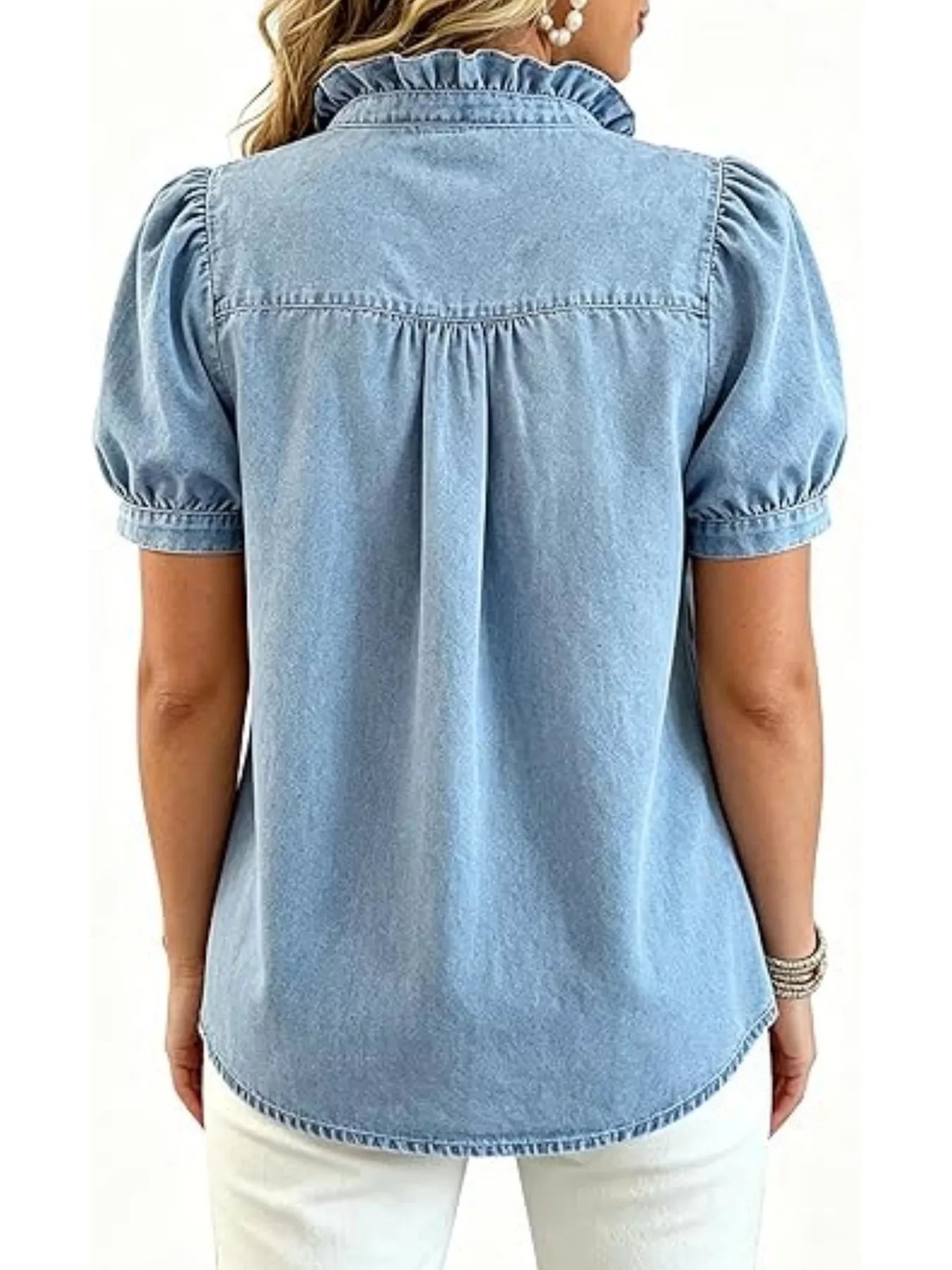 Frill Puff Sleeve Denim Top