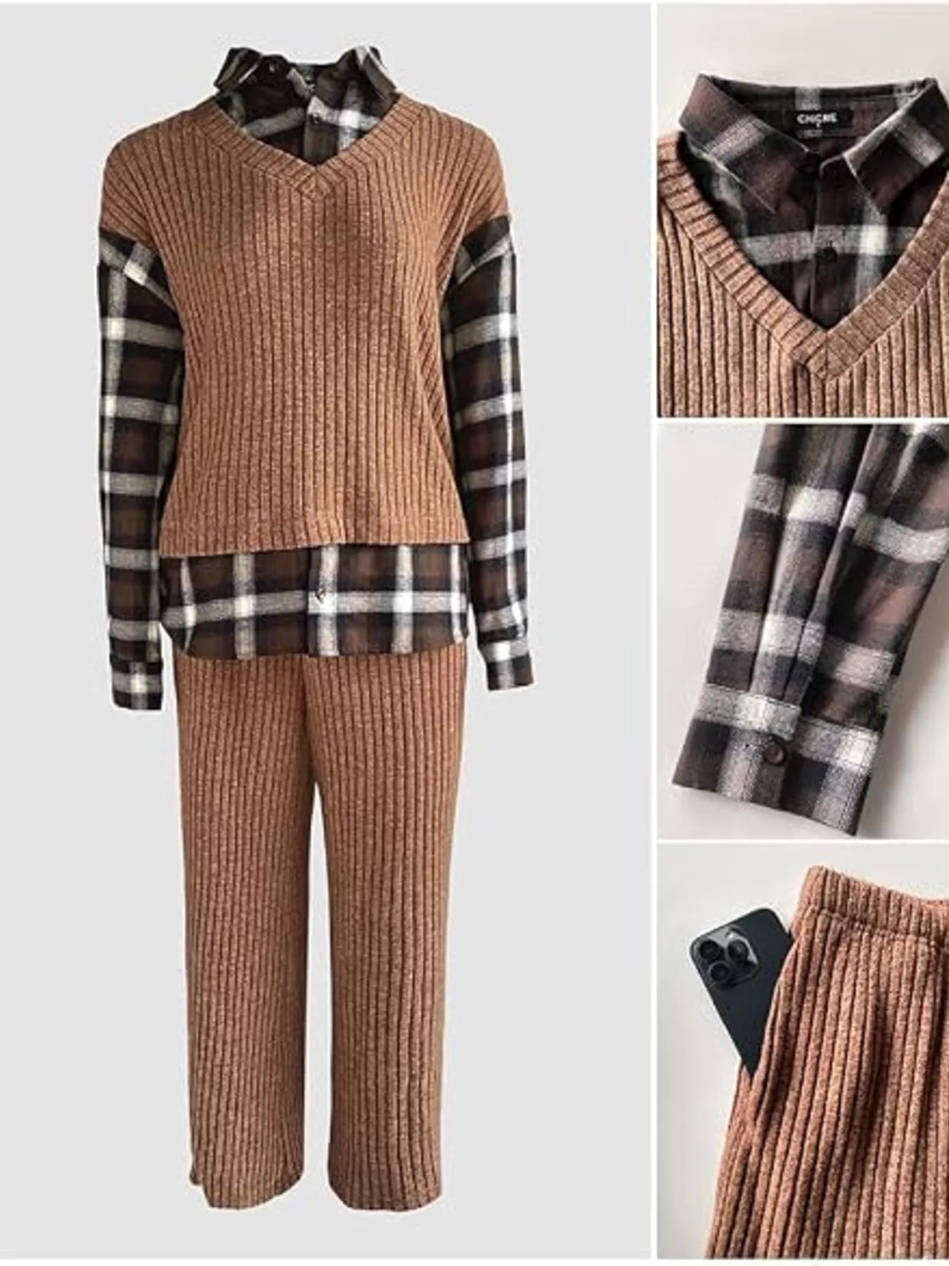 Ribbed Knit Plaid Sleeve Top & Pants Set