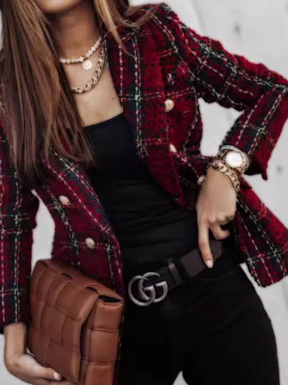 Full Size Plaid Tweed Double-Breasted Blazer Plus Size