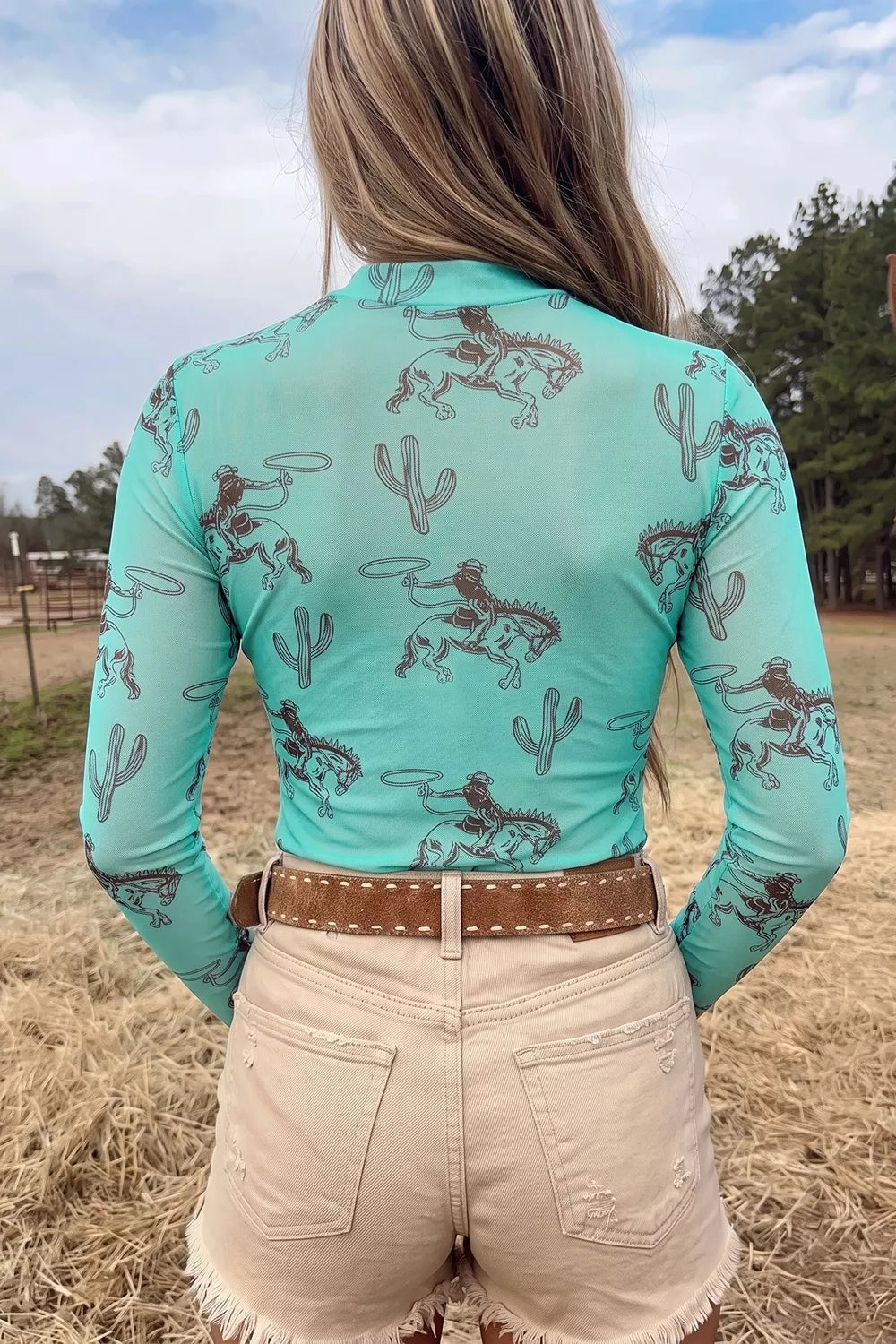 Mesh Long Sleeve T-Shirt with Cowboy and Cactus Print