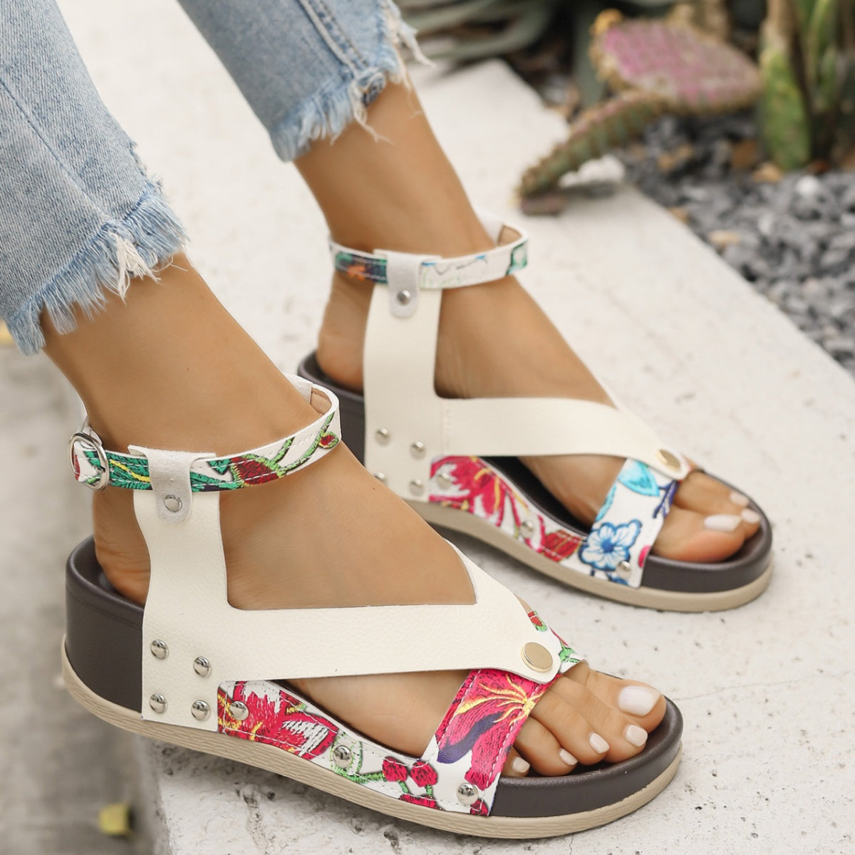 Leopard Ankle Strap Wedge Sandals