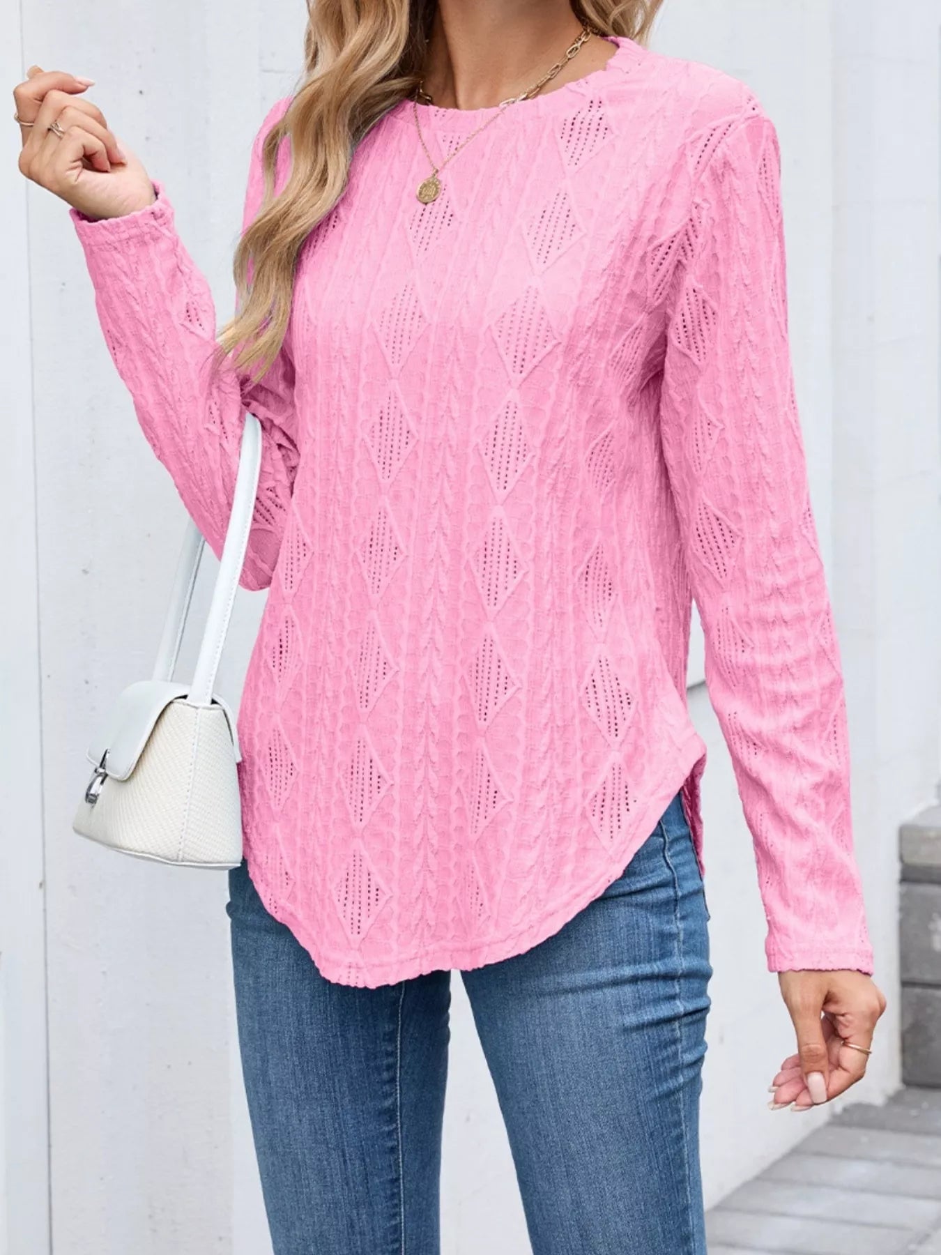 Textured Diamond Knit Long Sleeve T-Shirt