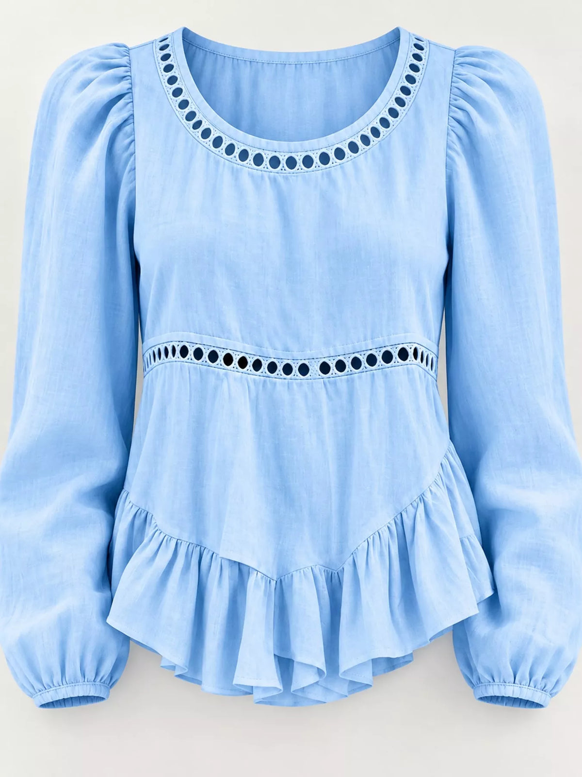 Long Sleeve Blouse with Eyelet Lace Trim and Ruffled Hem