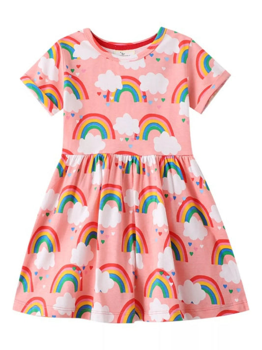 Children's Rainbow Print Short Sleeve Casual Dress