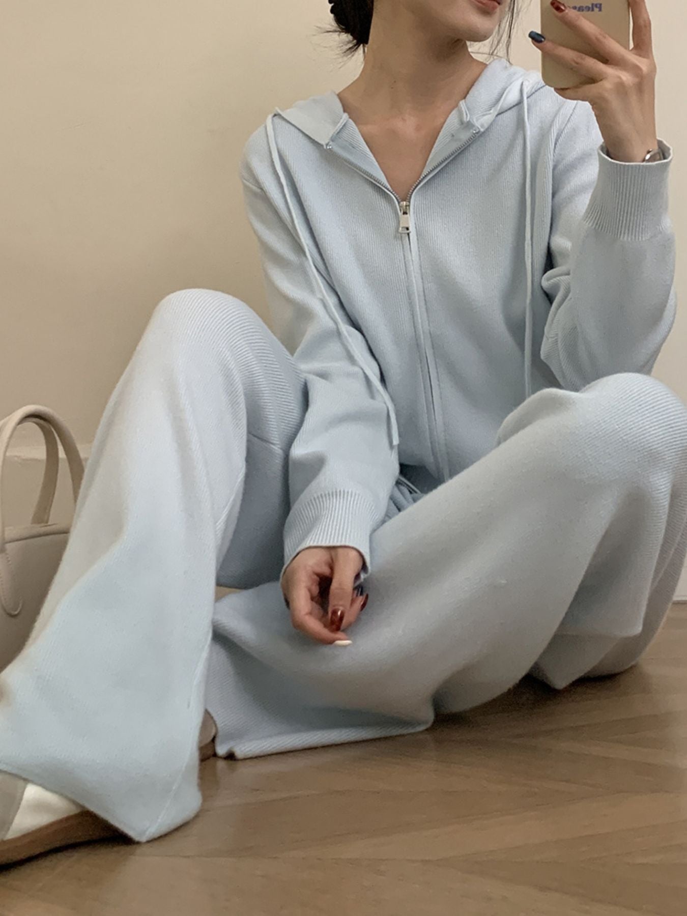 Zip Up Cardigan and Drawstring Wide Leg Pants Knit Set