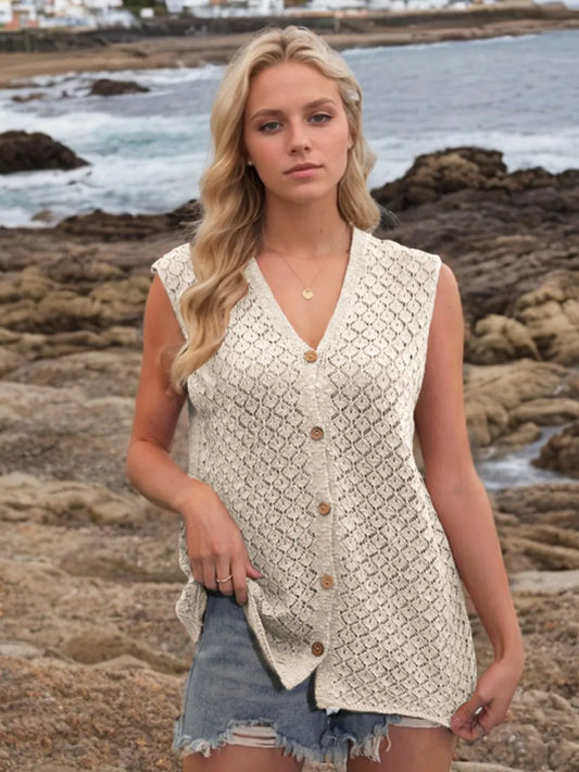 Button Down Eyelet V-Neck Sweater Vest