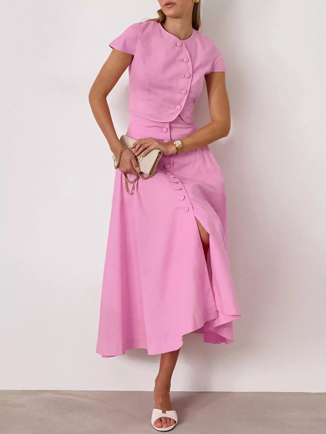 Cap Sleeve Button-Down Crop Top and Midi Skirt Set