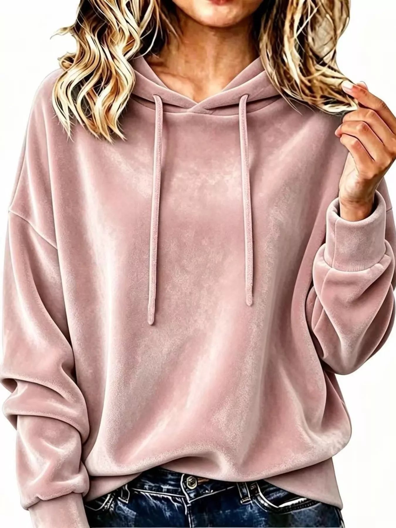 Full Size Drawstring Velvet Long Sleeve Hoodie Plus Size