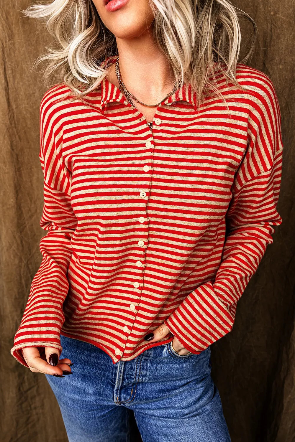 Stripe Striped Button Collar Long Sleeve Knit Cardigan