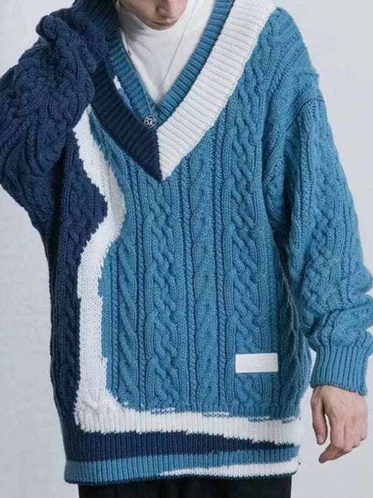 Men's Color Block Cable Knit V-Neck Sweater