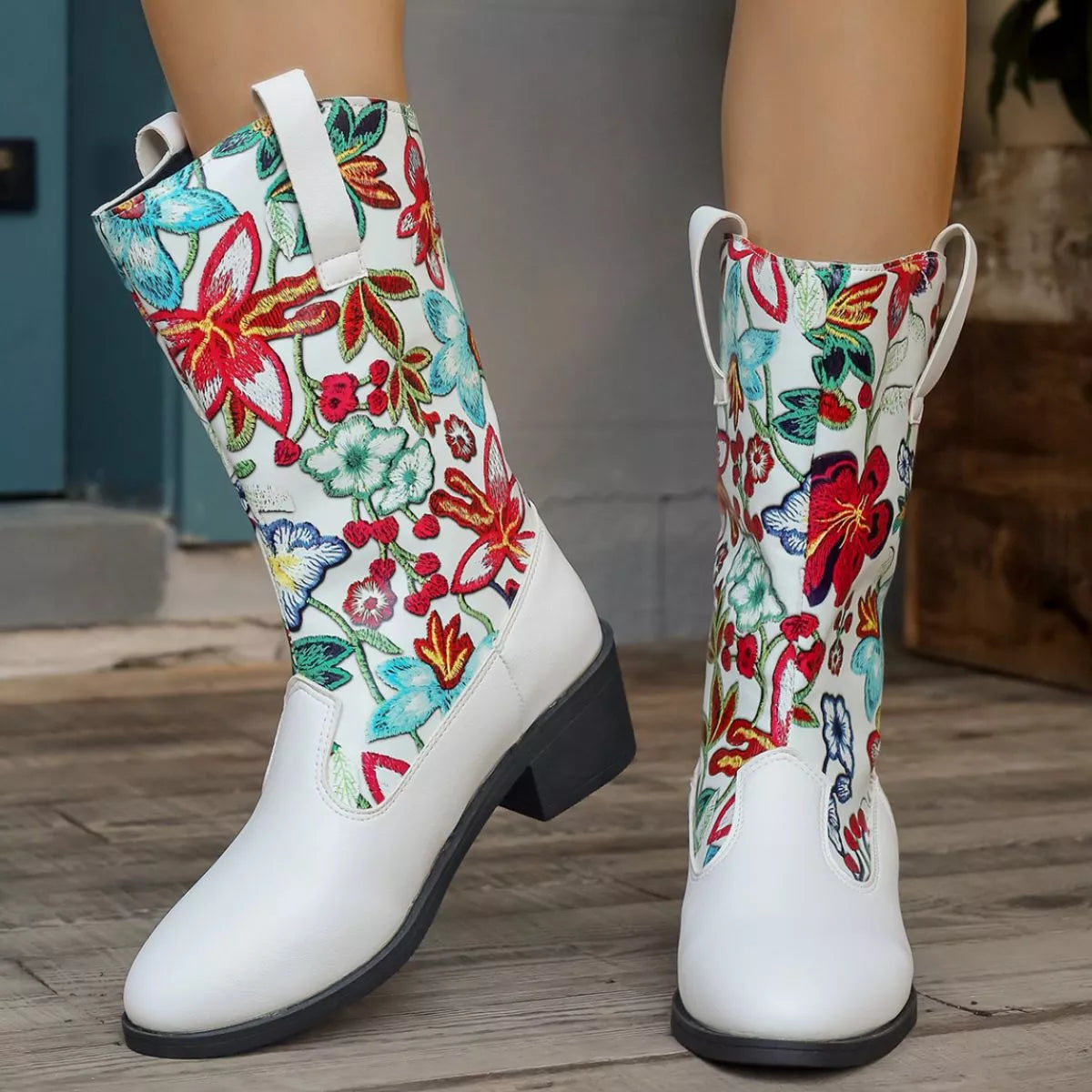 Floral Block Heel Boots