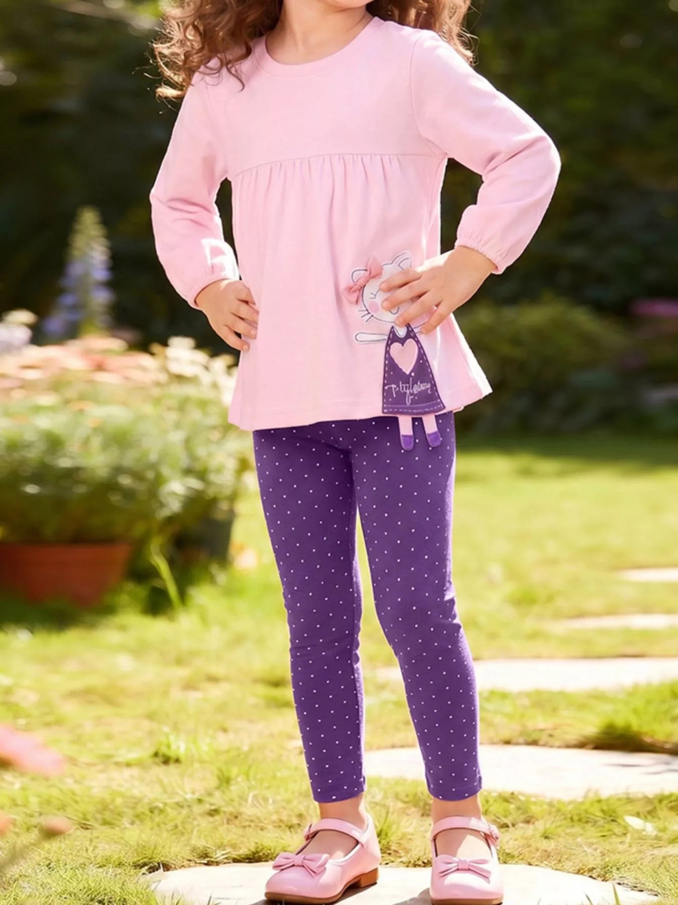 Children's Cat Applique Long Sleeve Top and Polka Dot Leggings Set