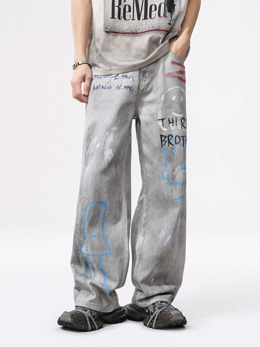 Men's Distressed Graffiti Print Wide Leg Jeans
