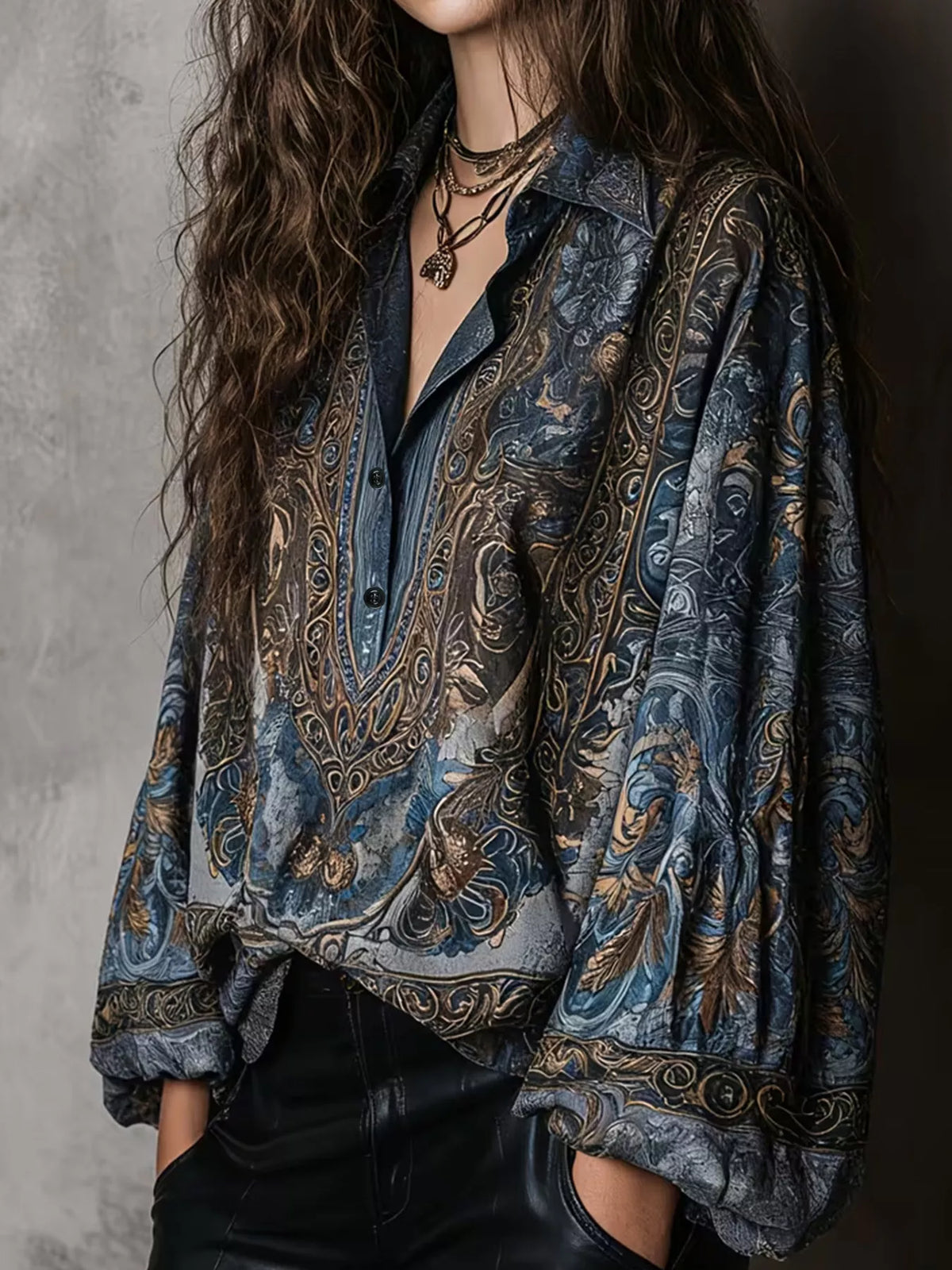 Full Size Vintage Print Long Sleeve Oversized Blouse Plus Size