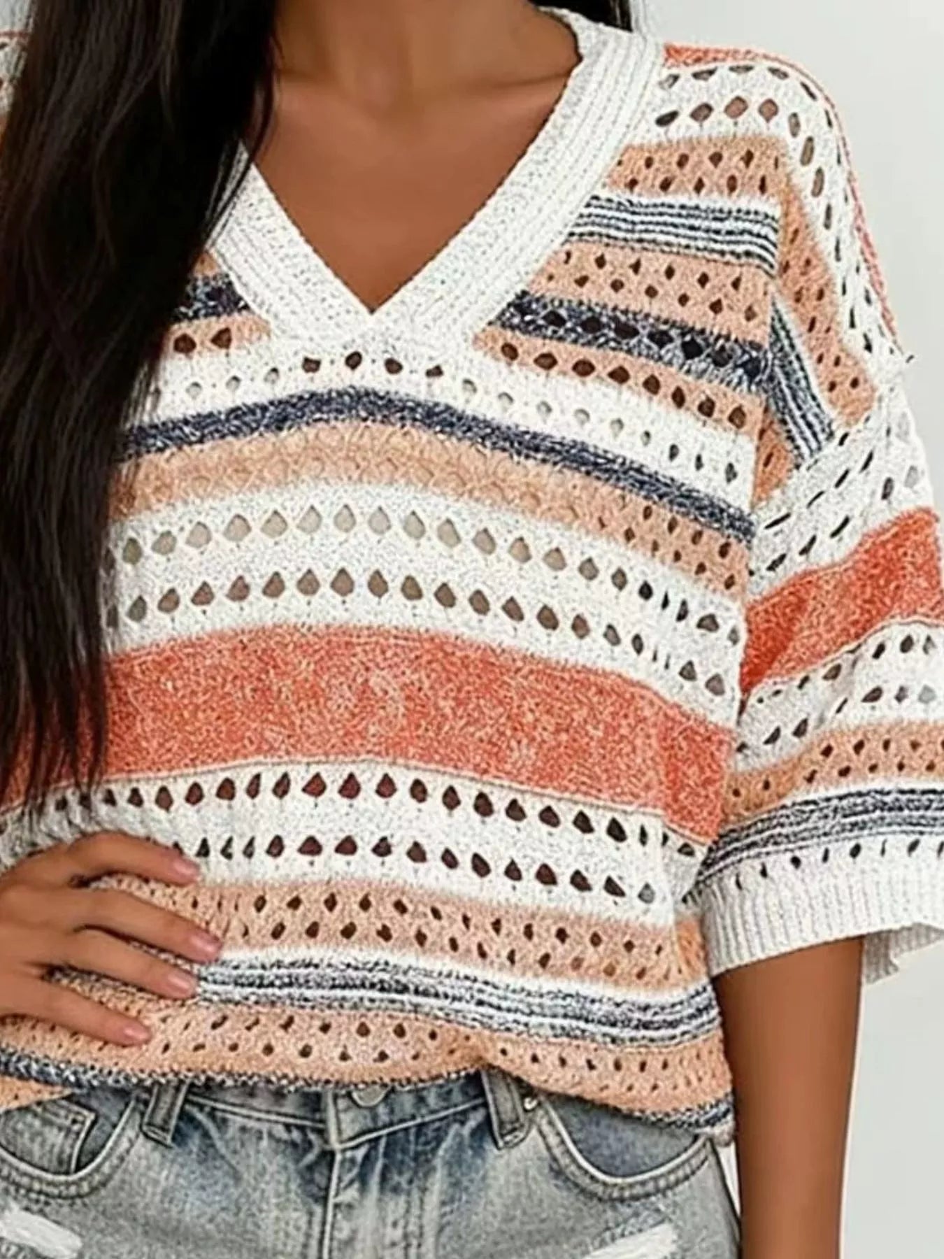 Chic Striped Crochet Knit Top