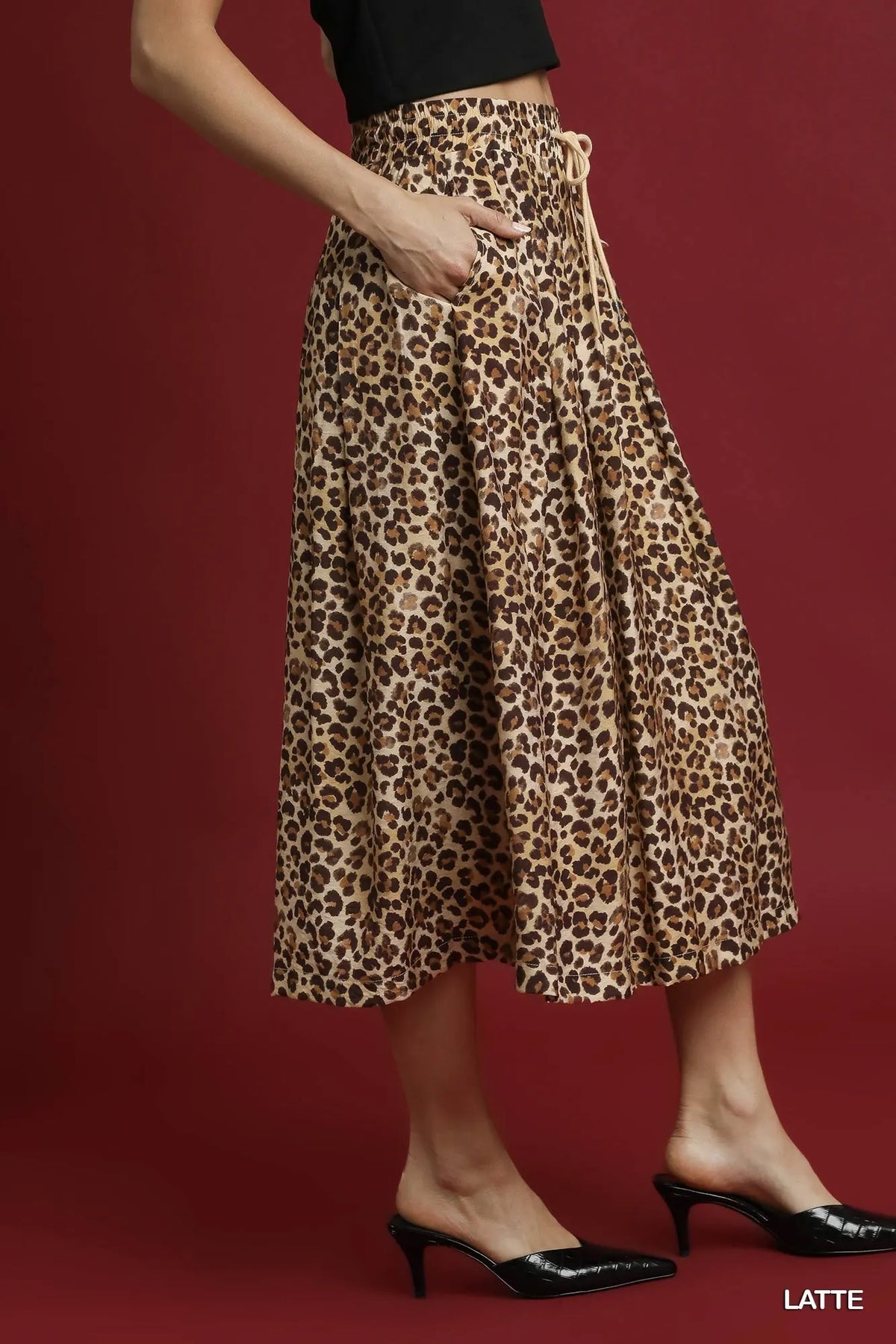 Umgee Drawstring Leopard Midi Skirt