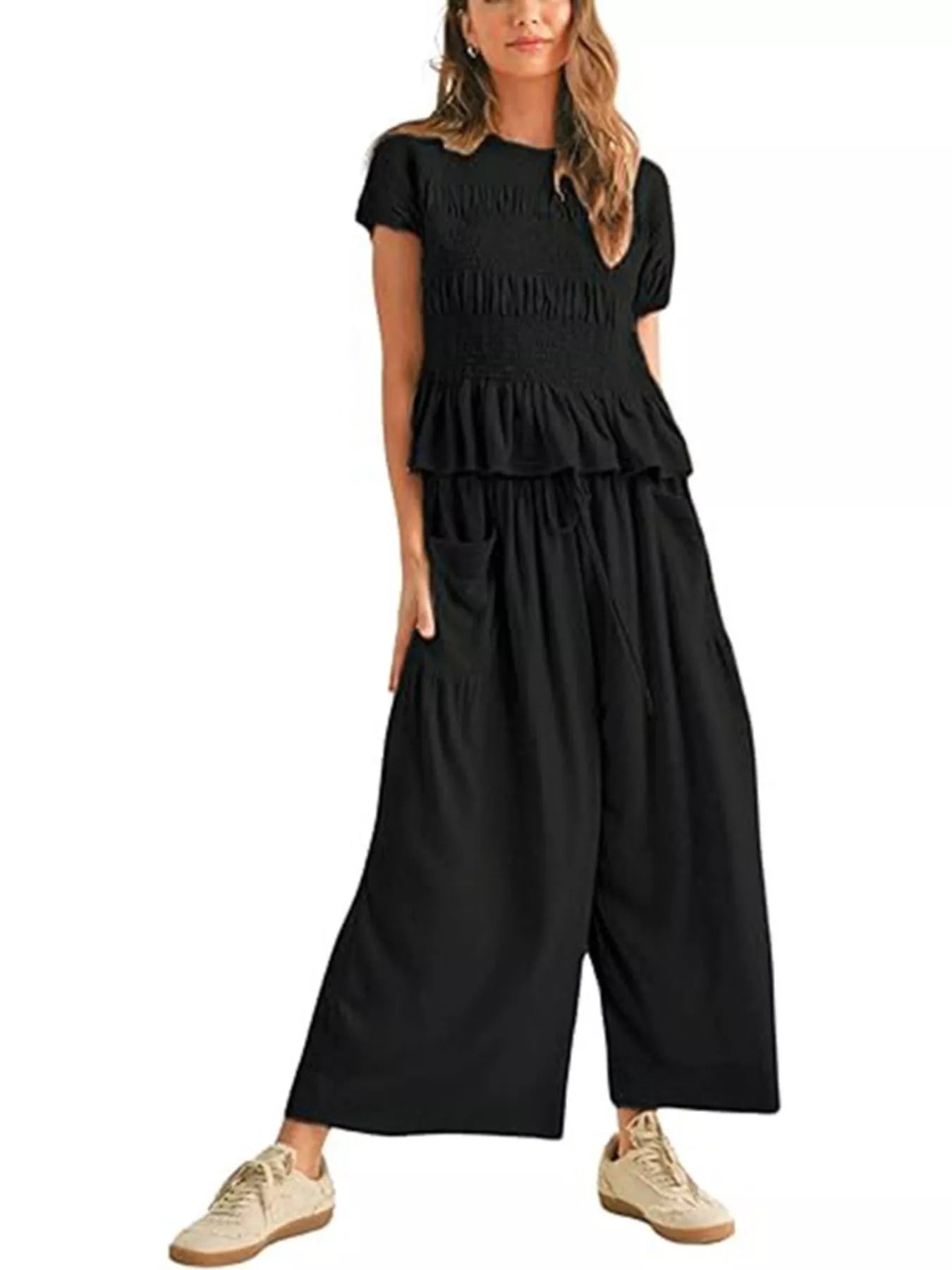 Smocked Peplum Top and Wide-Leg Pants Set