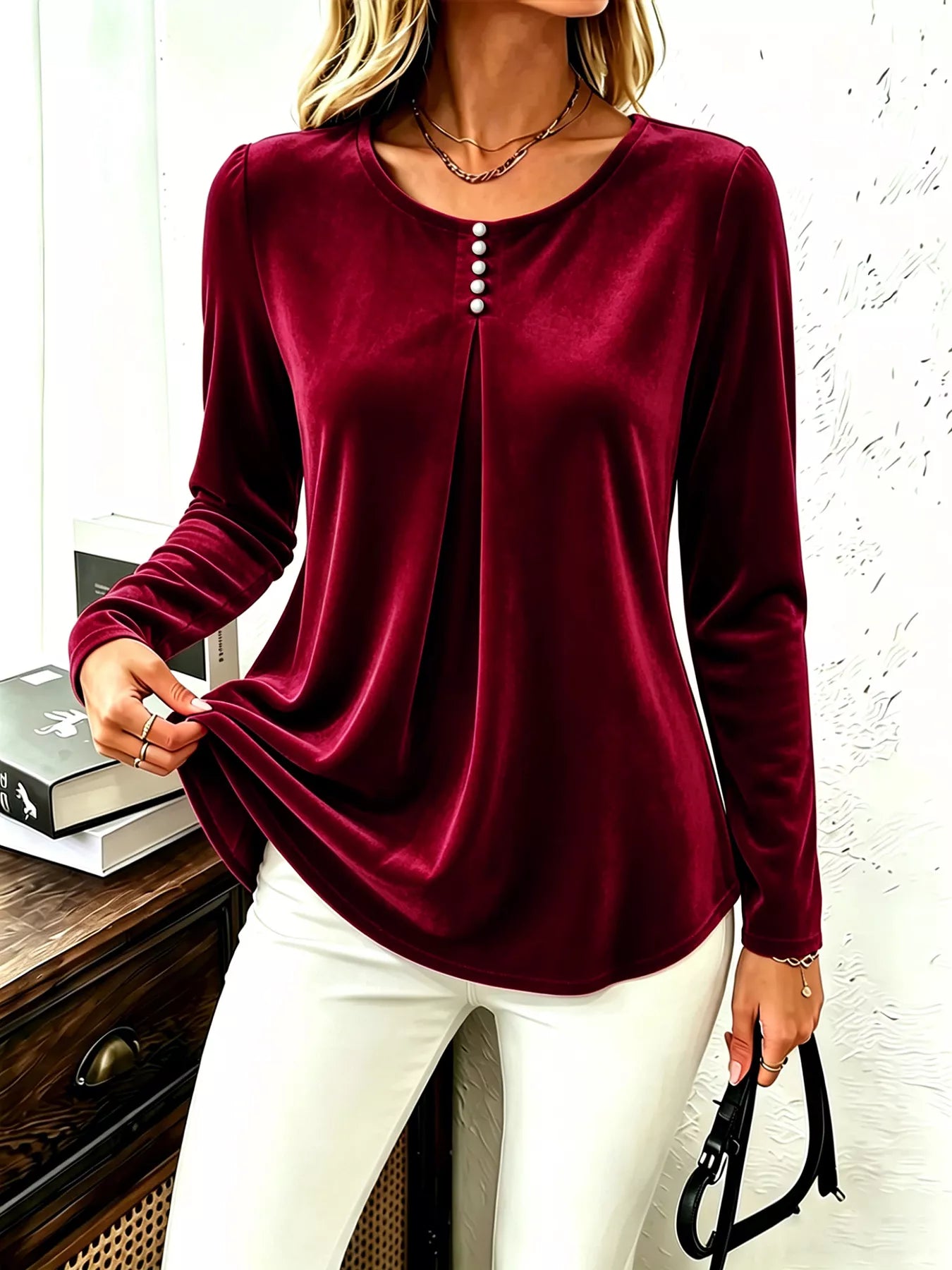 Velvet Long Sleeve Ruched Top