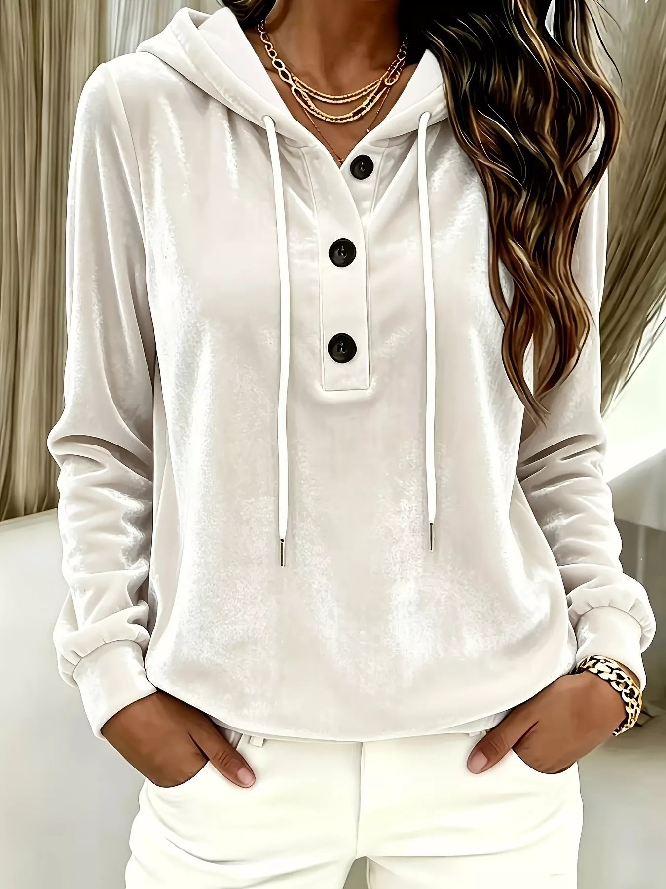 Full Size Drawstring Button Detail Hoodie Plus Size