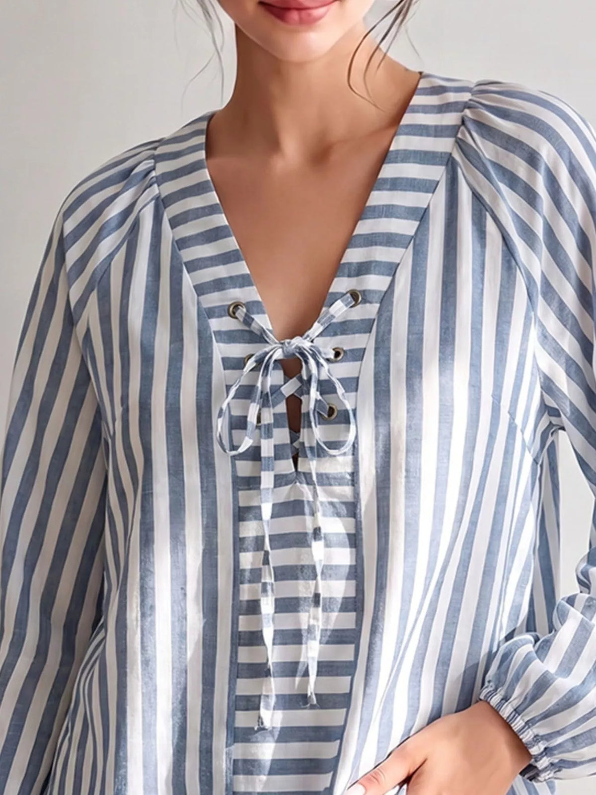 Striped Tie Front Long Sleeve Blouse