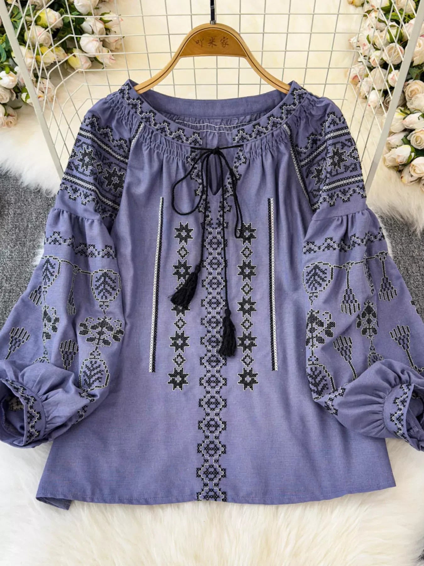 Bohemian Embroidered Blouse with Tassel Tie