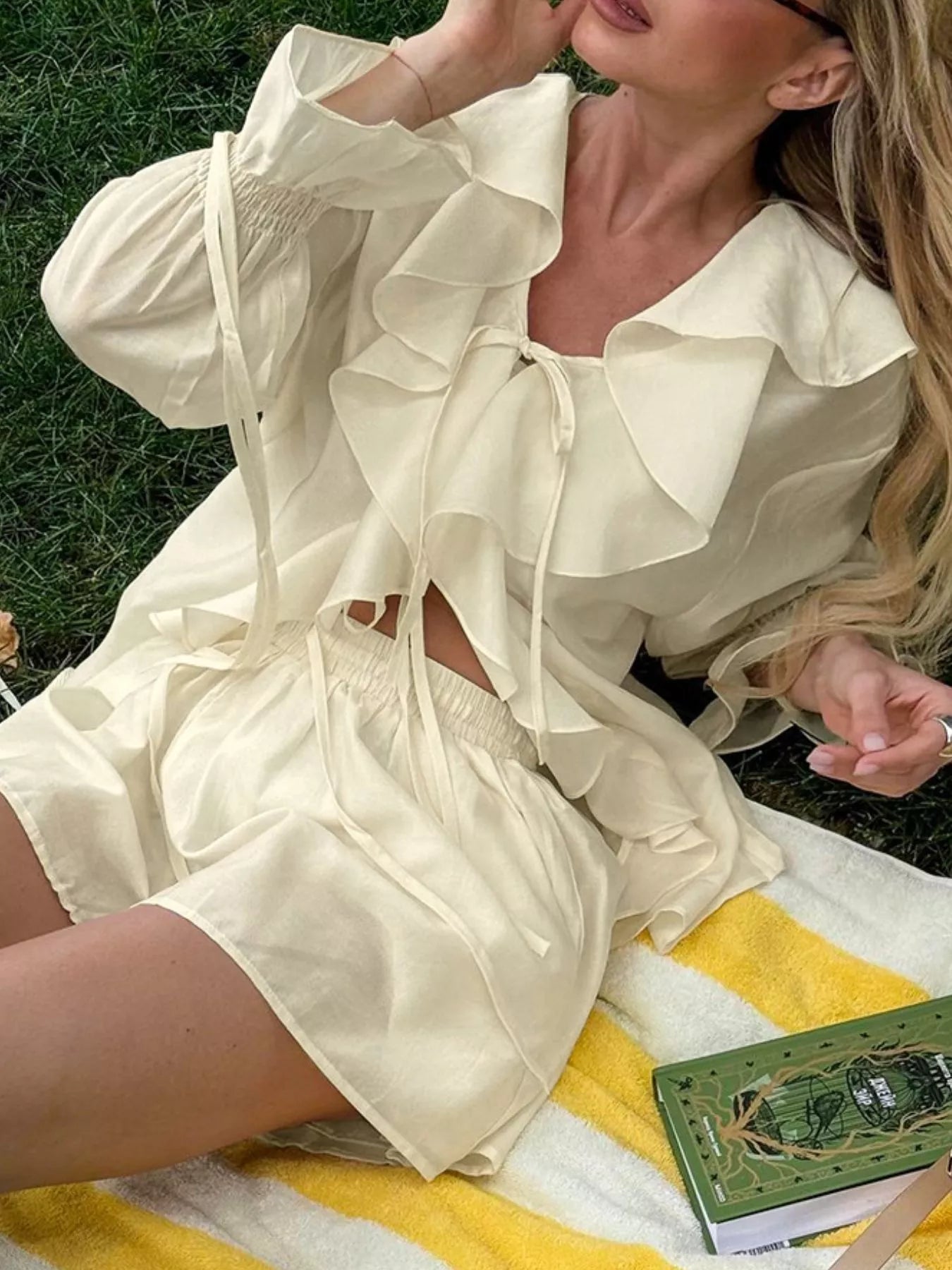 Ruffled Tie Front Blouse and Shorts Set