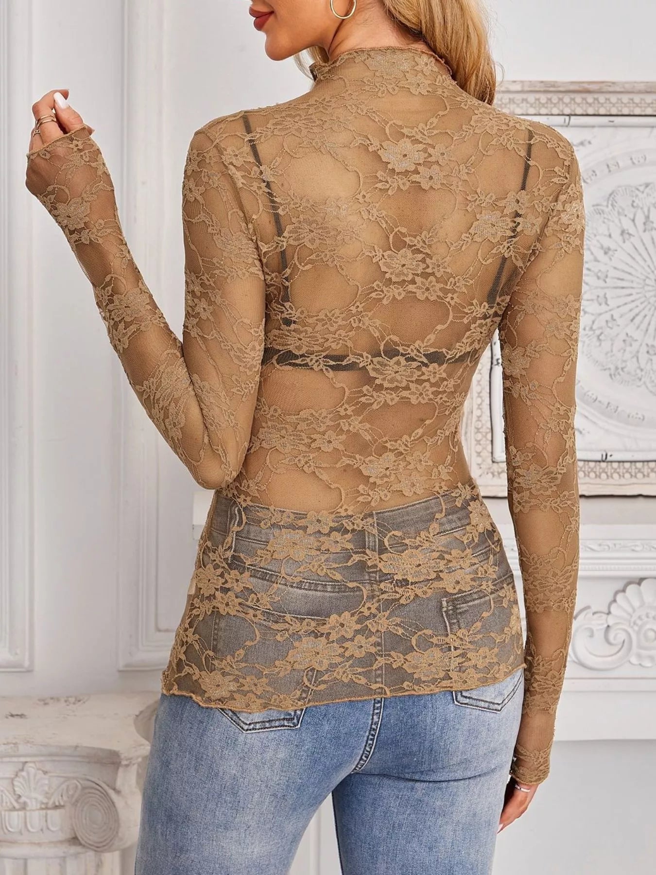 Sheer Floral Lace Long Sleeve Top