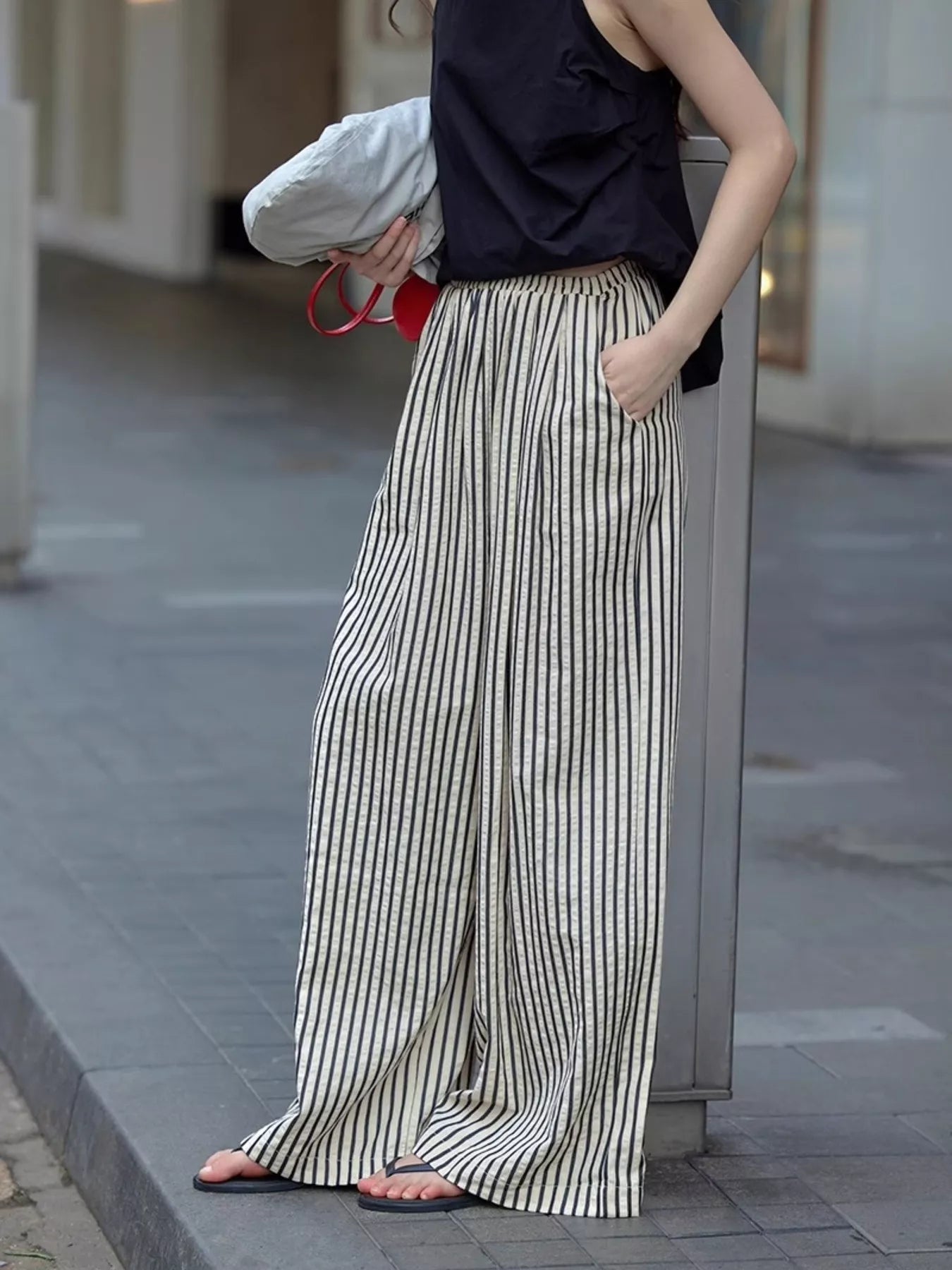 Full Size Striped Drawstring Waist Wide Leg Pants Plus Size