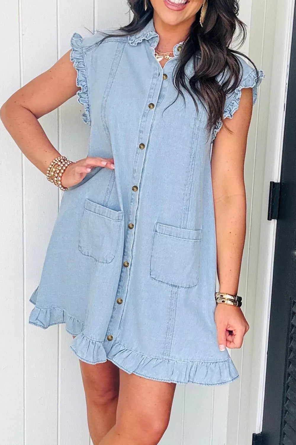 Ruffled Edge Collared Shift Denim Dress with Pockets