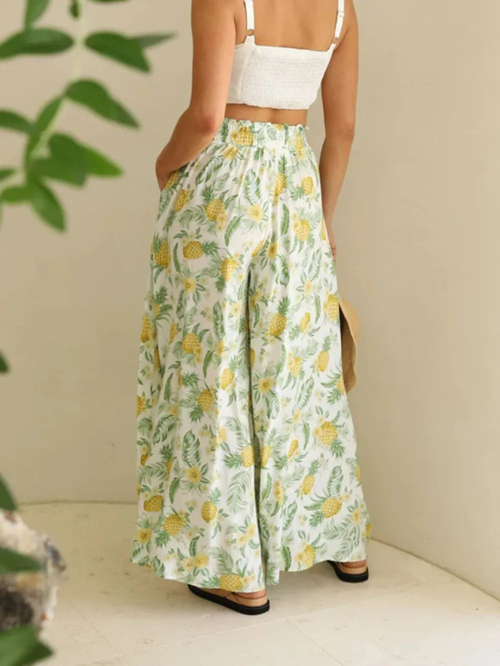 Drawstring Paperbag Waist Printed Wide Leg Pants