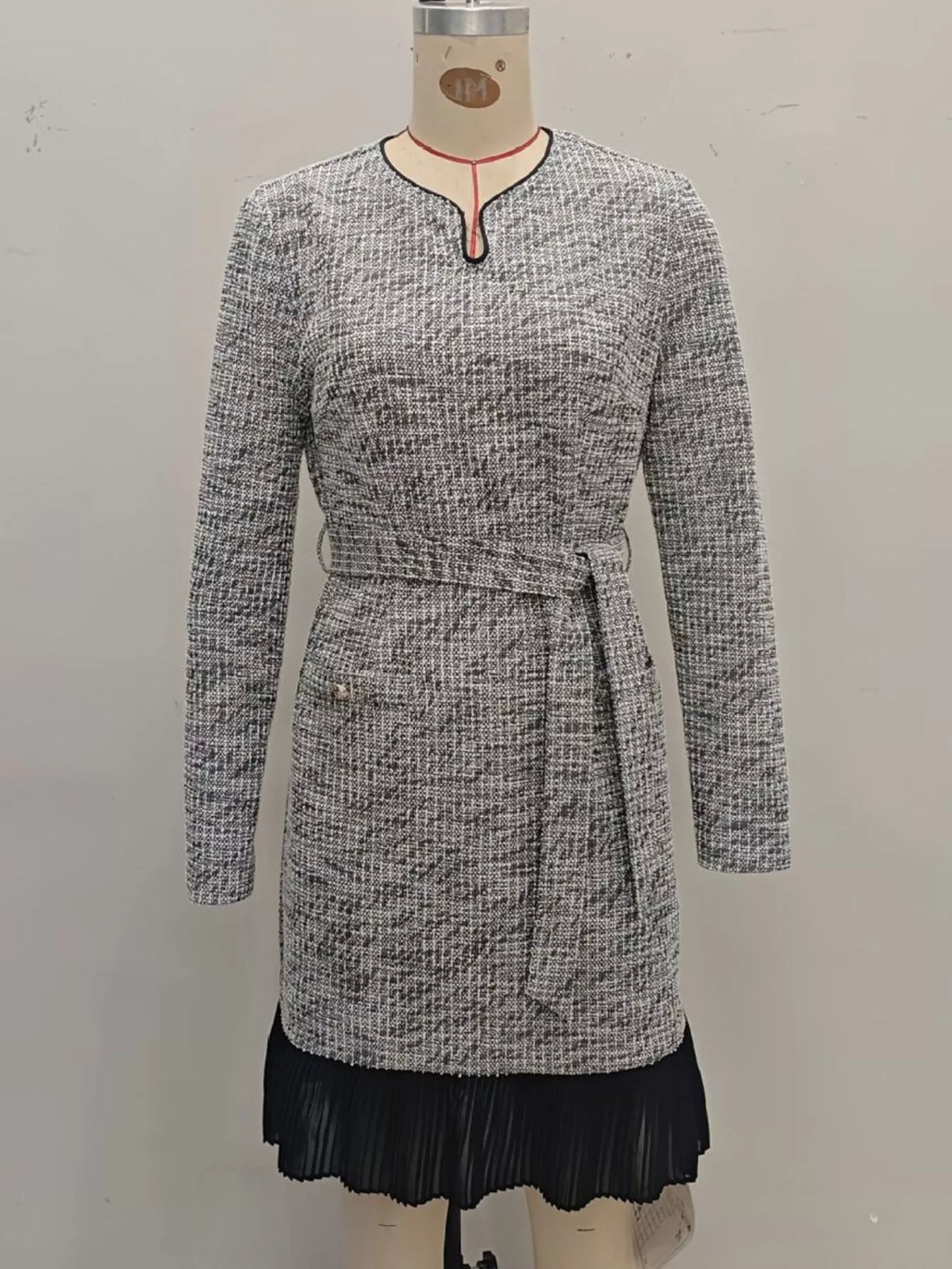 Elegant Long Sleeve Belted Shift Dress with Ruffled Hem
