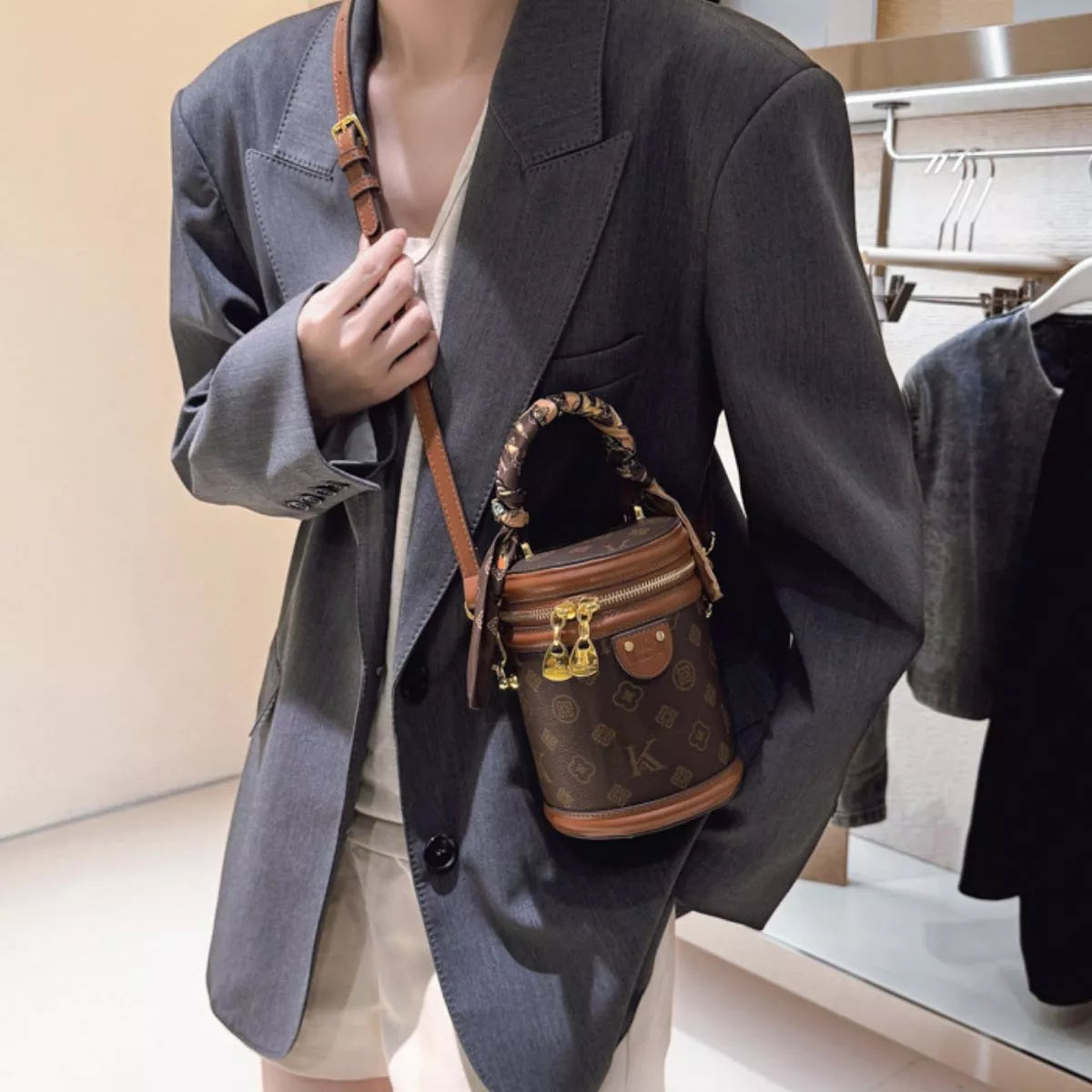 Top Handle Bucket Crossbody Bag