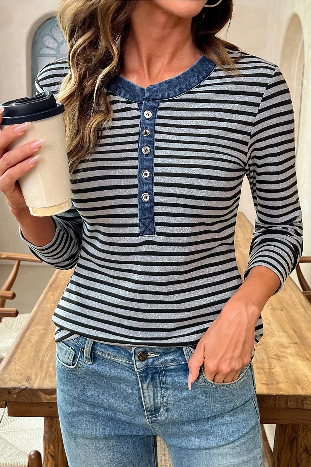 Stripe Denim Contrast Collar Half Button Long Sleeve Top