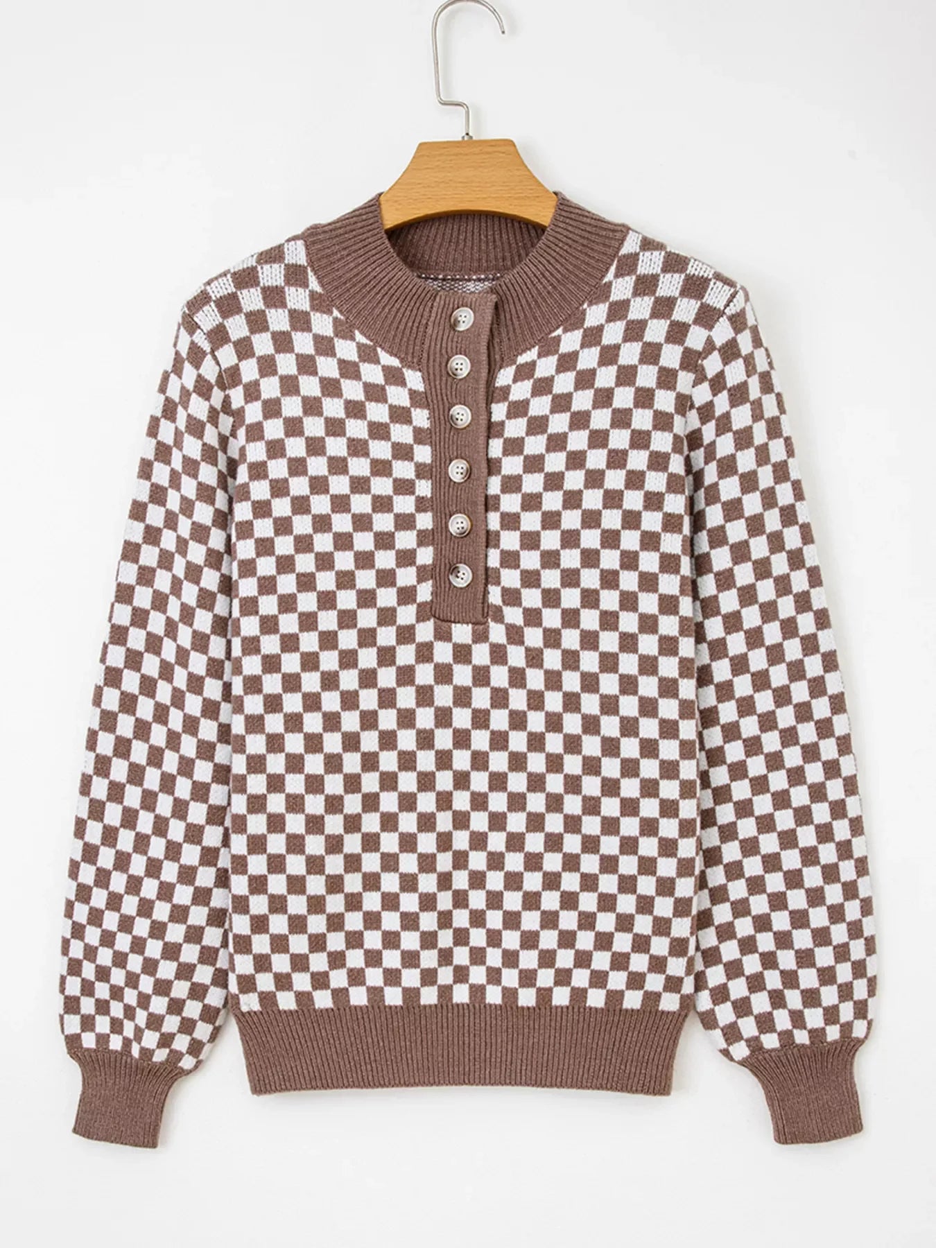 Half Button Ribbed Trim Checkerboard Knit Sweater