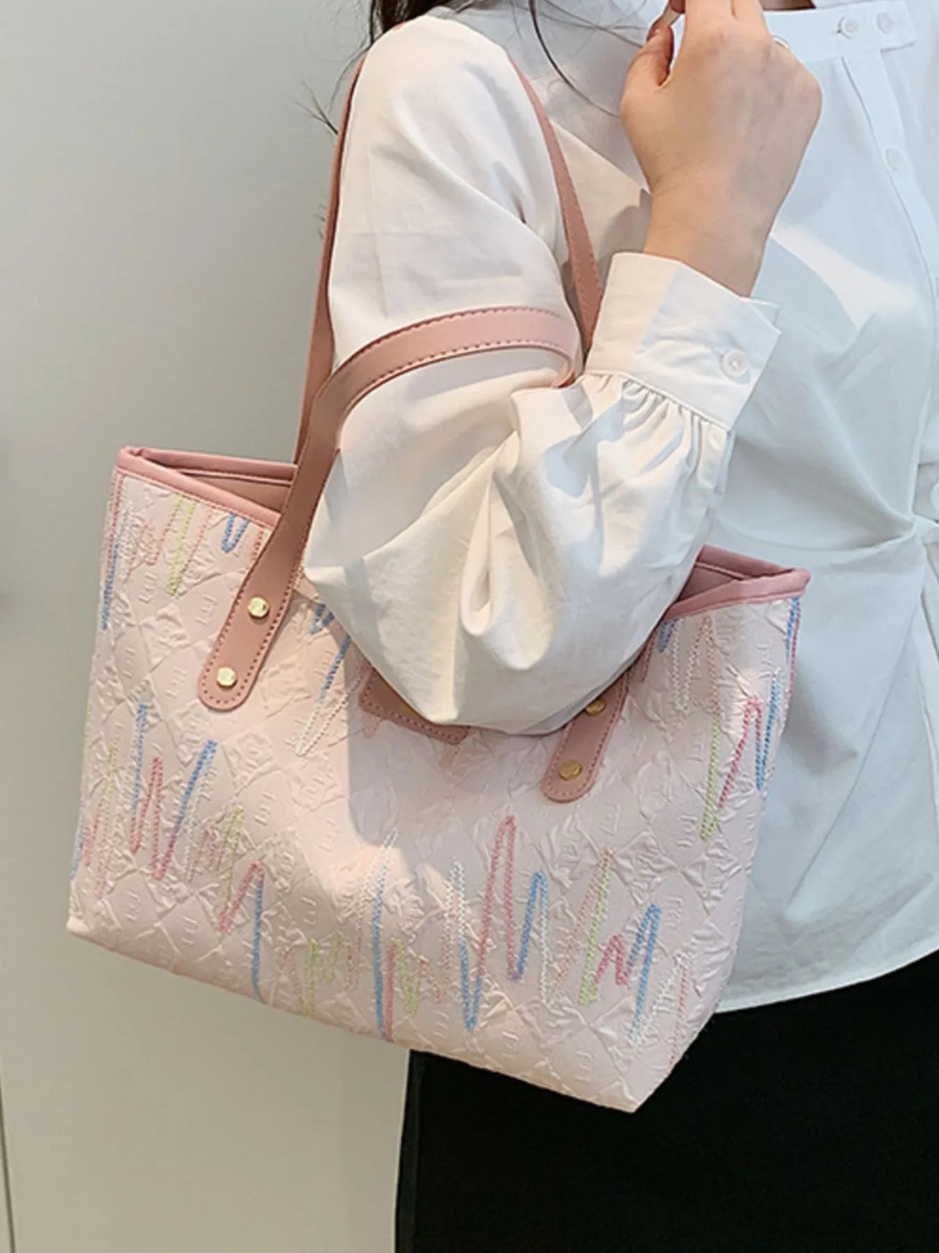 Contrast PU Leather Tote Bag