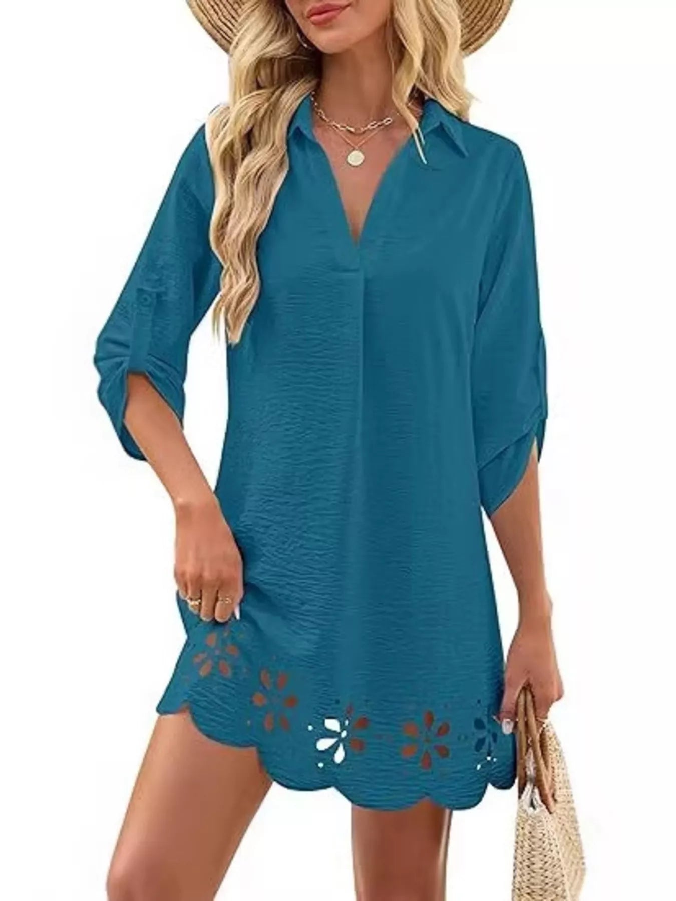 Scalloped Eyelet Hem Roll-Up Sleeve Dress