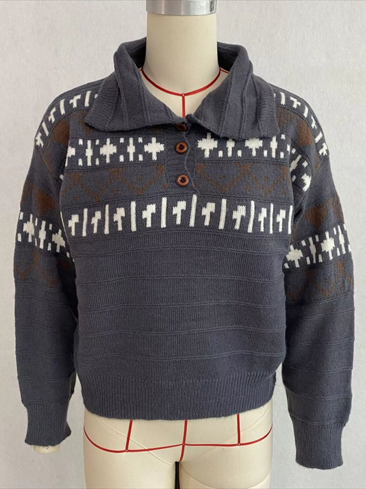 Vintage-Inspired Fair Isle Patterned Polo Sweater
