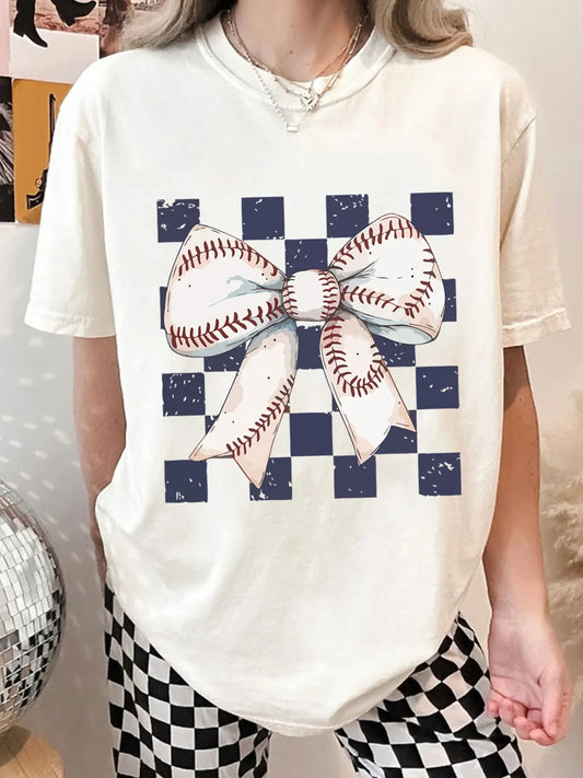 Checkered Bowknot Graphic Crew Neck T Shirt