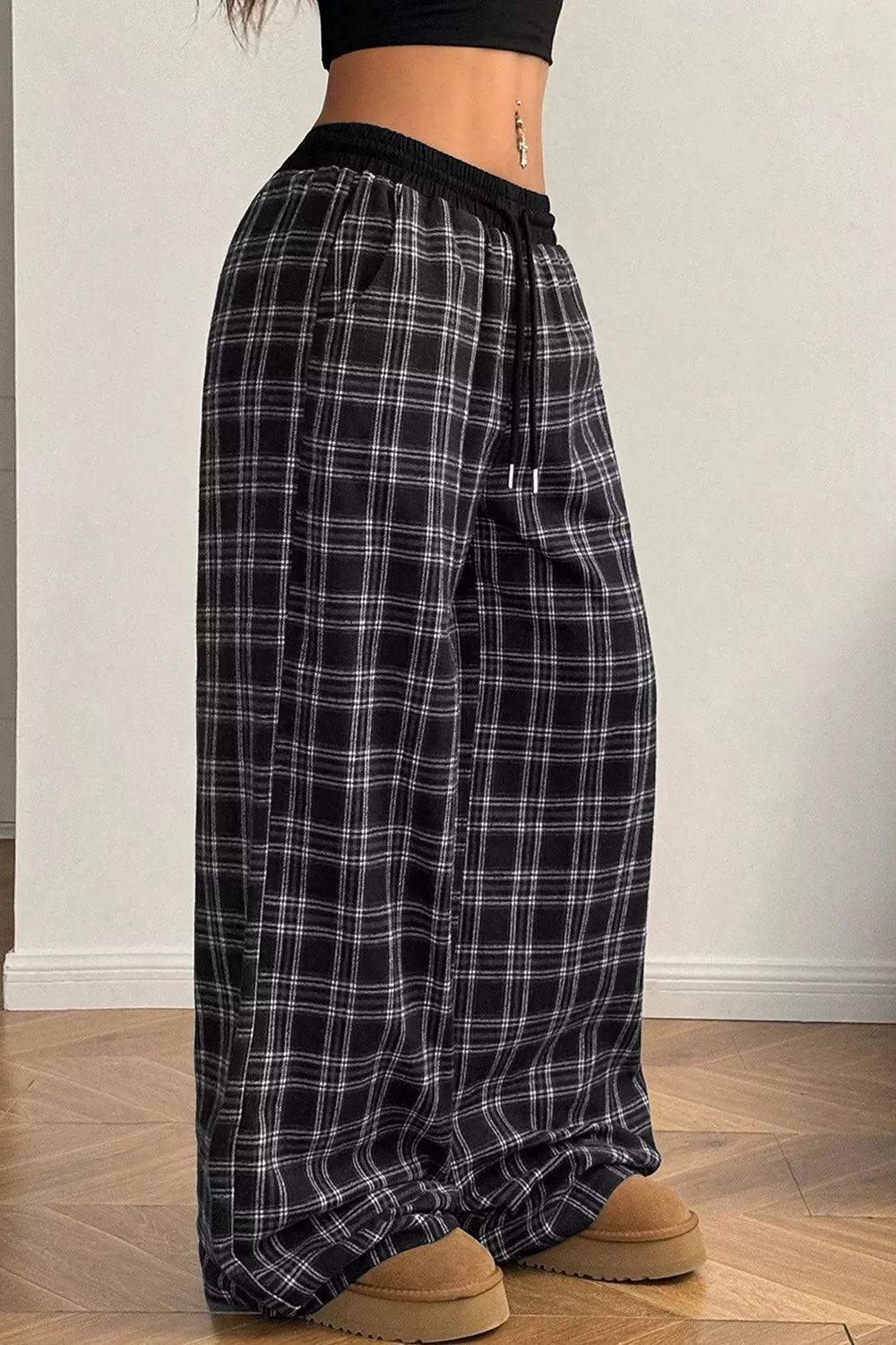 Plaid Wide-Leg Drawstring Pants